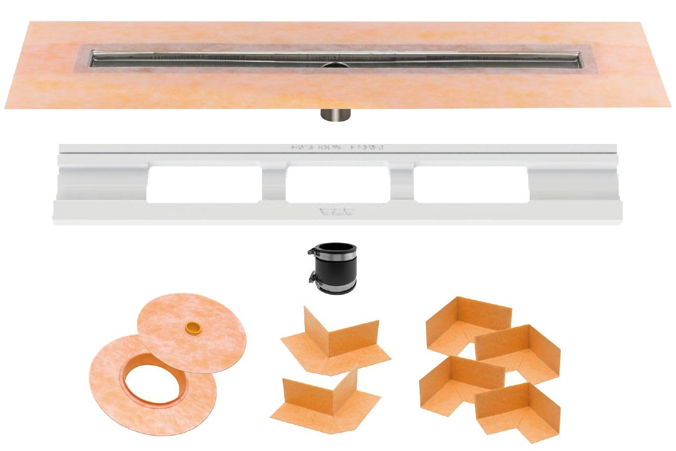 Schluter Kerdi Line Shower Drain with 60" Stainless Steel Channel Body and Waterproof Kerdi Collar - For Showers & Wet Rooms - Off-set and Center Outlets - KL1V60E150