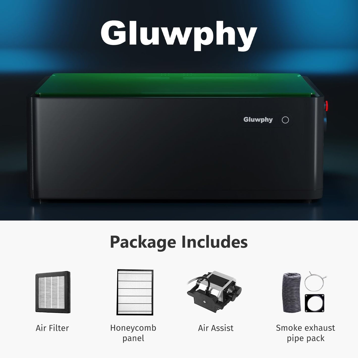 Gluwphy Laser Engraver Machine 10000mW(10W) Enclosed Diode Laser Cutter for Beginner, Class 1 Safety Laser Engraving Machine for Wood, Metal, Acrylic, with Air Assist, Honeycomb, Air Filter, Black