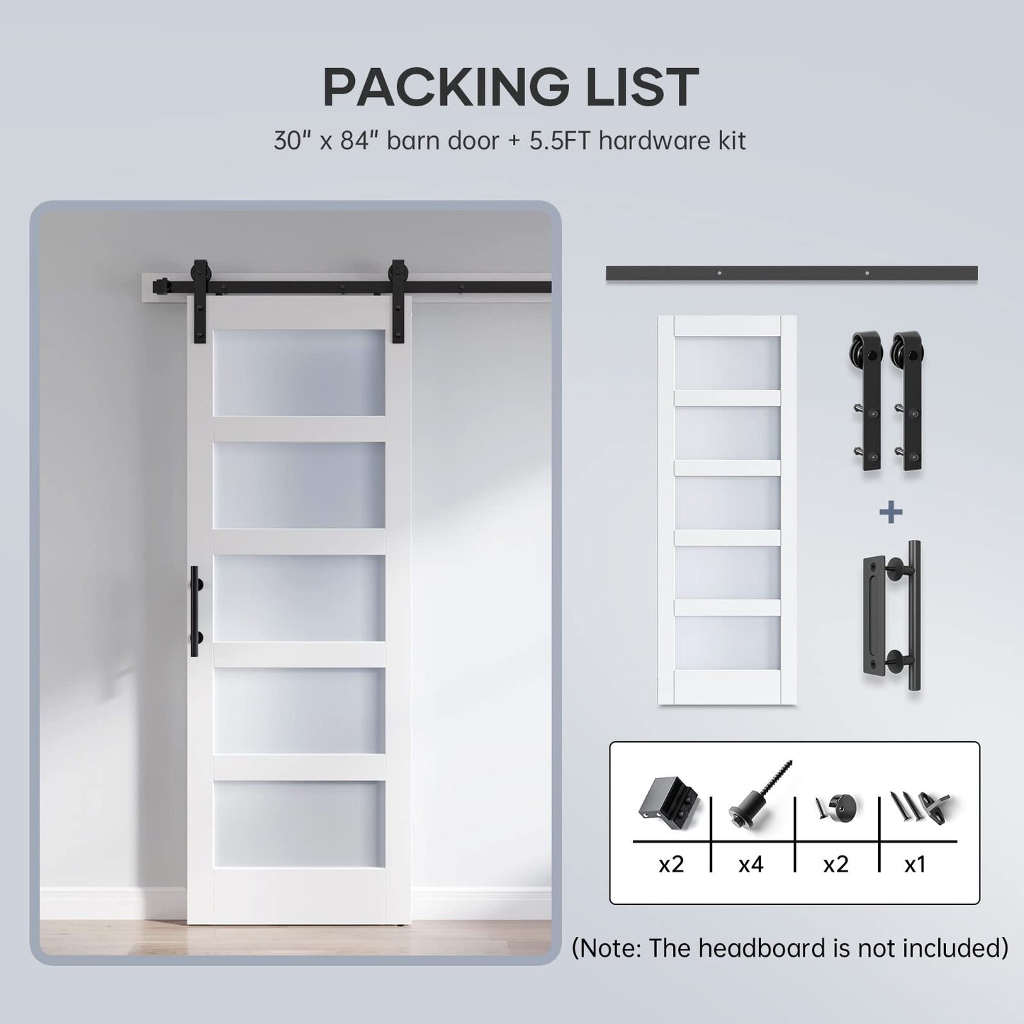 ROYMELO 30x84 Inch Glass Sliding Barn Door Slab and 5.5ft Hardware Kit Included, 5 Frosted Glass, LVL Wood Panel Covered with White Water-Proof Scratch-Proof PVC Surface, Simple DIY Assembly