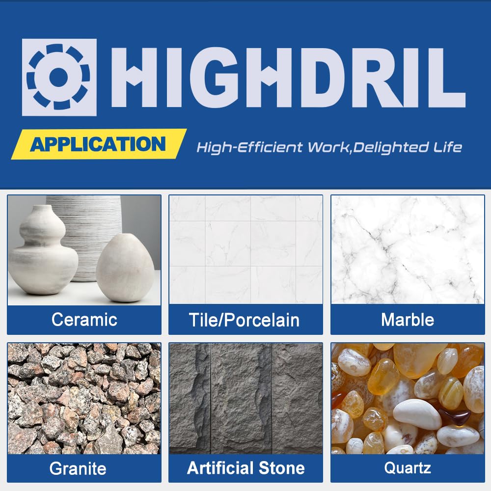 HIGHDRIL Diamond Drill Bits Kit with 5/8-11 for Porcelain Tile Ceramic Marble Brick Concrete Vacuum Brazed Hole Saw(6/8/10/20/35/50/65/100mm+50mm Chamfer Bit+20mm Finger Bit+Adapter)