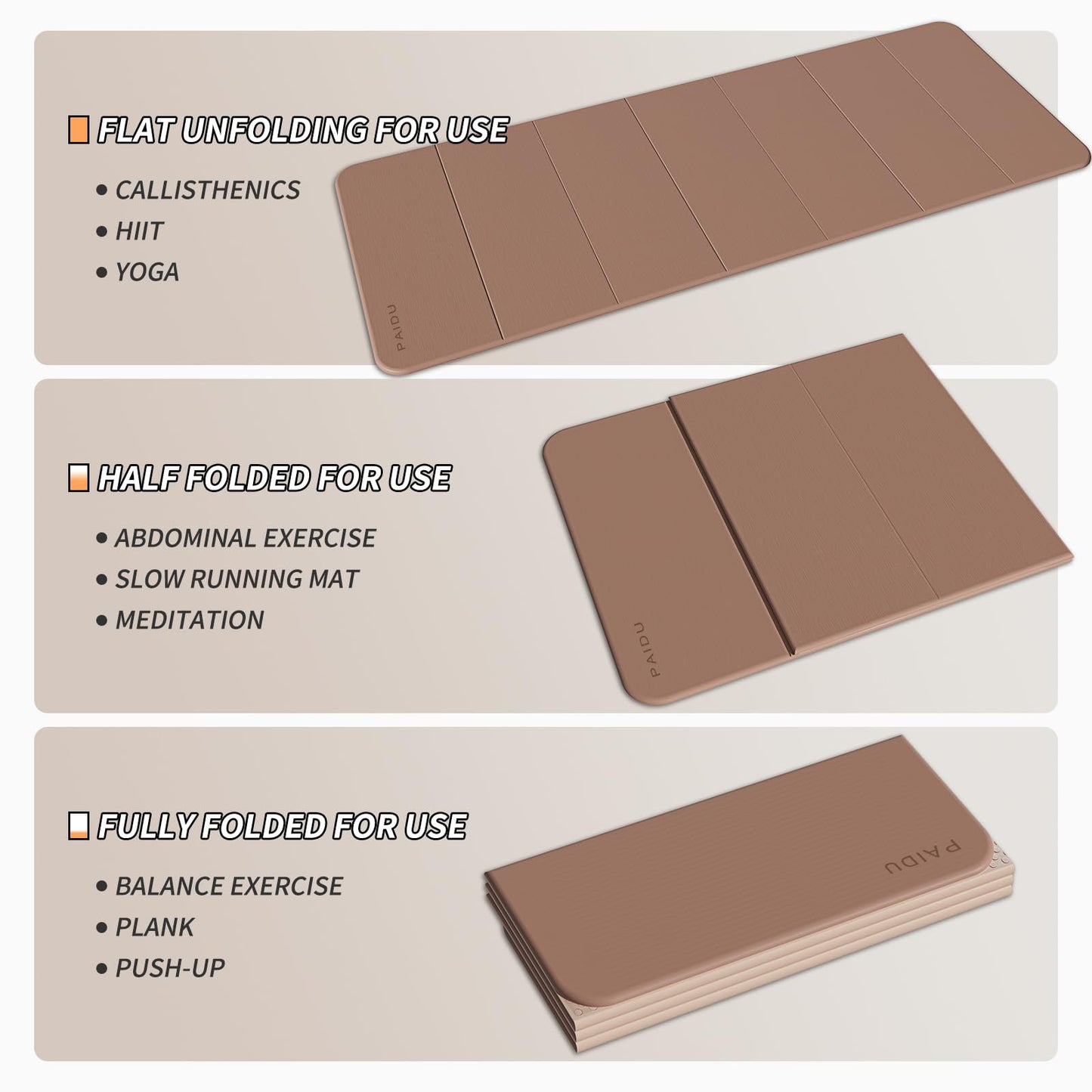 PAIDU Foldable Fitness Yoga Mat | 2/5" (10MM) Extra Thick | SGS Certified Non-Slip TPE | 76x26" Extra Long-Wide | Portable & Easy Store | for Yoga, Pilates, Home Gym & Full-Body Workouts (Brown + apricot)