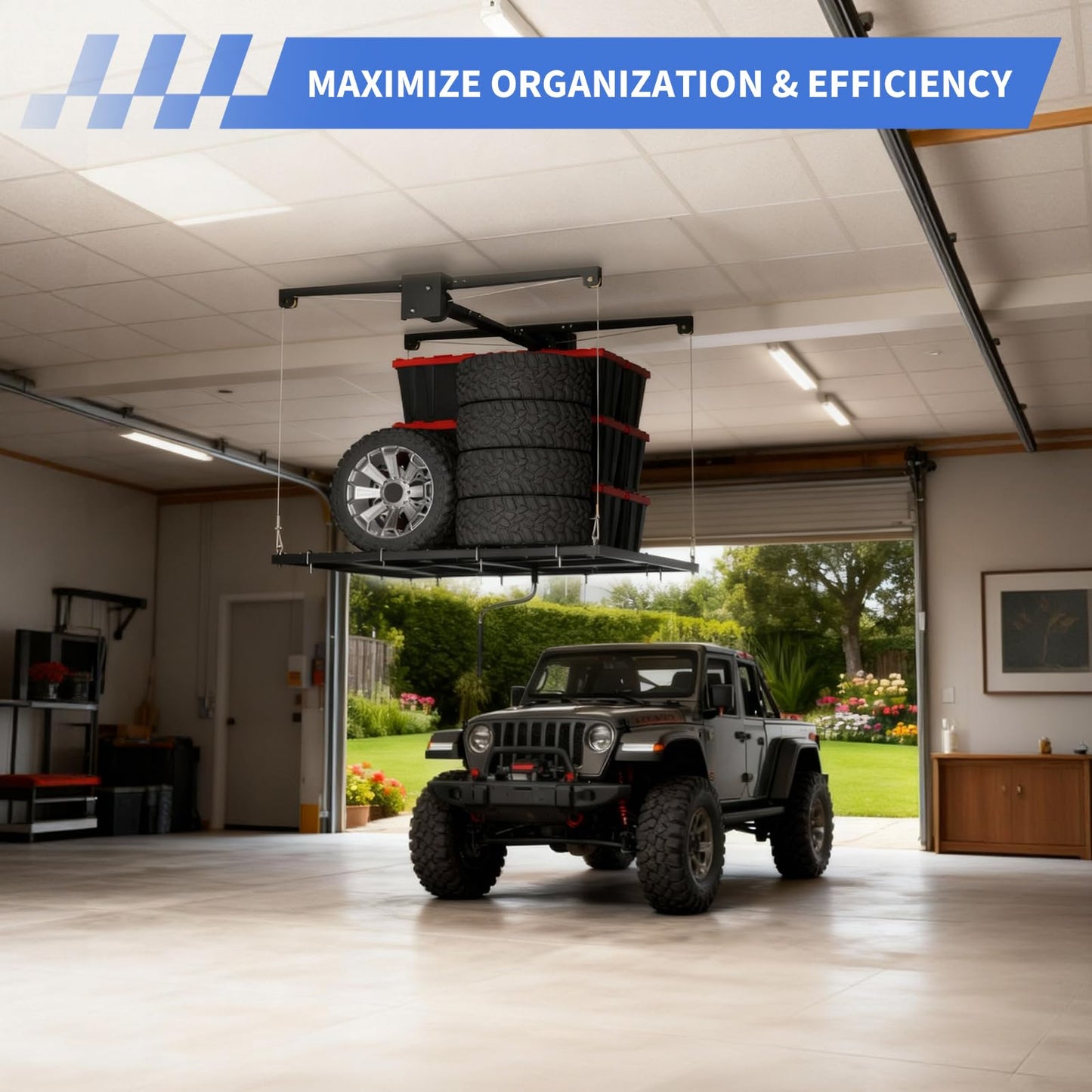 Garage Ceiling Storage Racks, Garage with the 4x4ft Overhead Lift Storage Rack, Experience Effortless Organization with 350lb Capacity, Smooth Crank System, Space-Saving Ceiling Rack Design