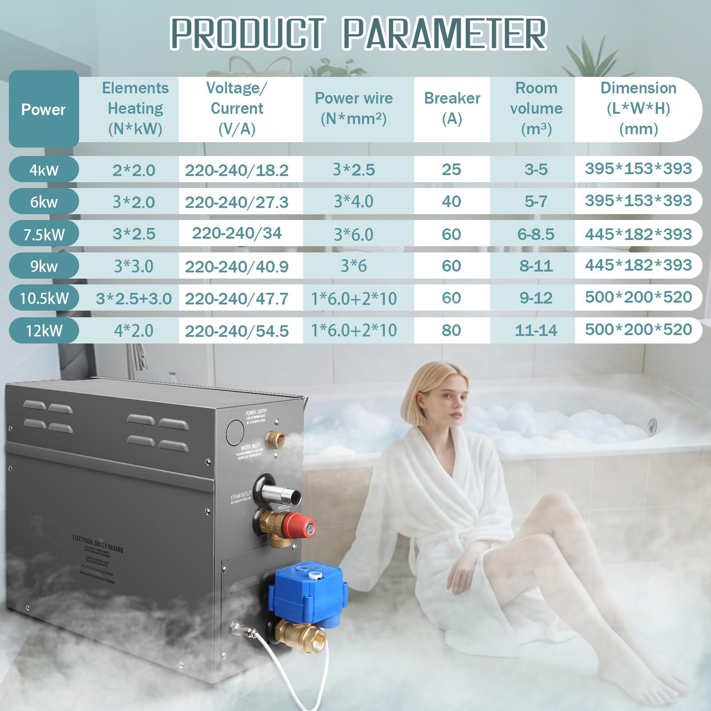 4KW Steam Generator-Quick start continuous steam,with Black digital control panel Self-Draining System, 95-131°F Temp Control,Can be used for heating a space area of 4m³/141Cu.ft. (4KW 220V)