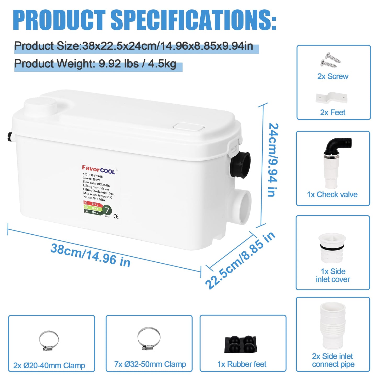 FavorCOOL Macerator Pump Sink Sewerage Pump, 250W Utility Sink Pump Upflush to 22.9ft/7 m with 3 Water Inlets for for Basement, Kitchen, Sink, Shower, Bathtub, Laundry