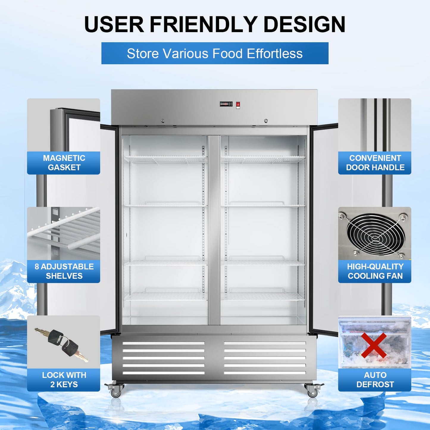 54"W 2 Door Commercial Freezer with LED Light, Stainless Steel Fan Cooling 49 Cu.ft Upright Freezer for Restaurant Bar Shop -8℉ ~ -1℉ Reach-in Freezers
