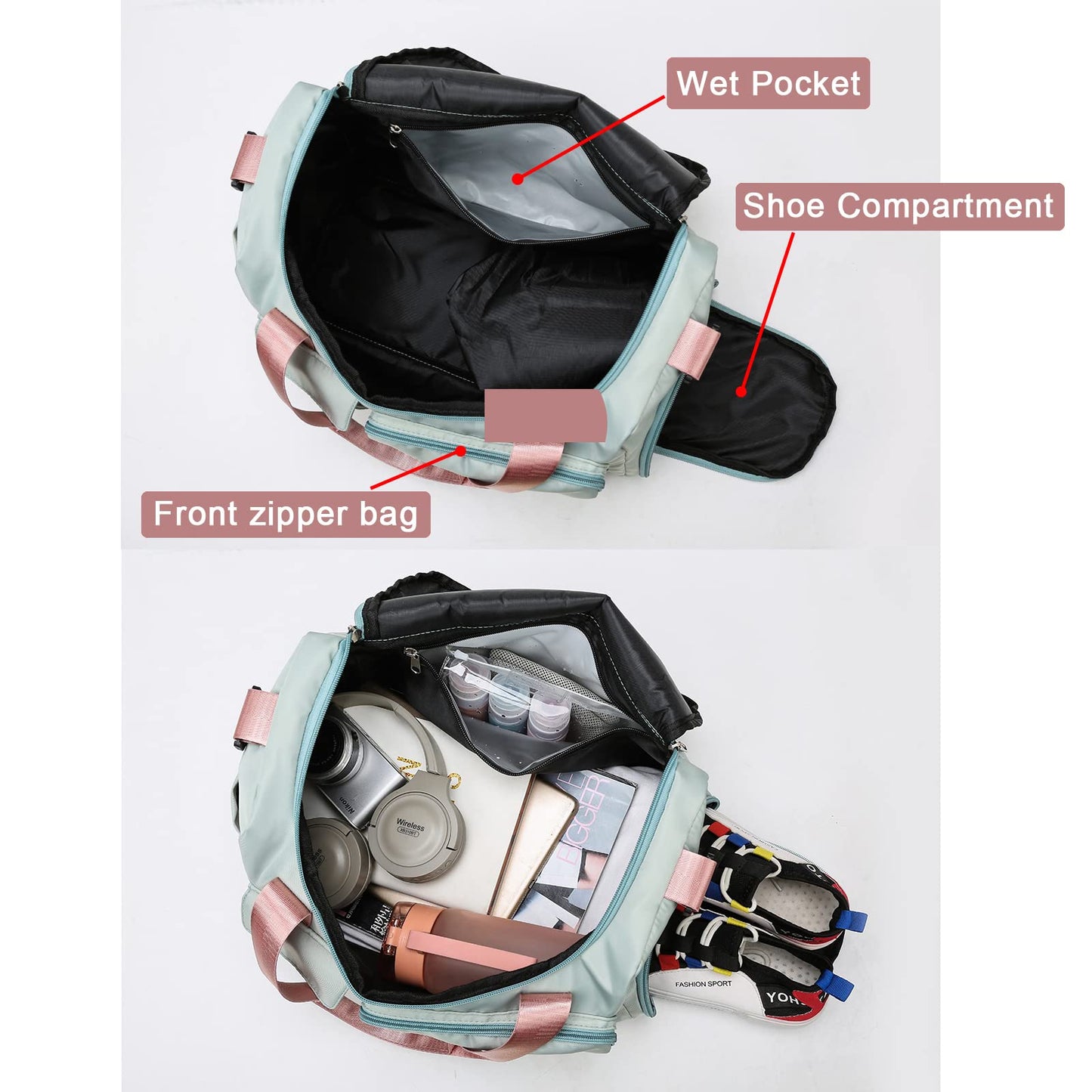 Beige Small Gym Bag for Women, Waterproof Travel Duffle Bag Carry On Weekender Bag with Shoe Compartment & Wet Pocket, Gym Tote Bag for Travel, Workout, Sport