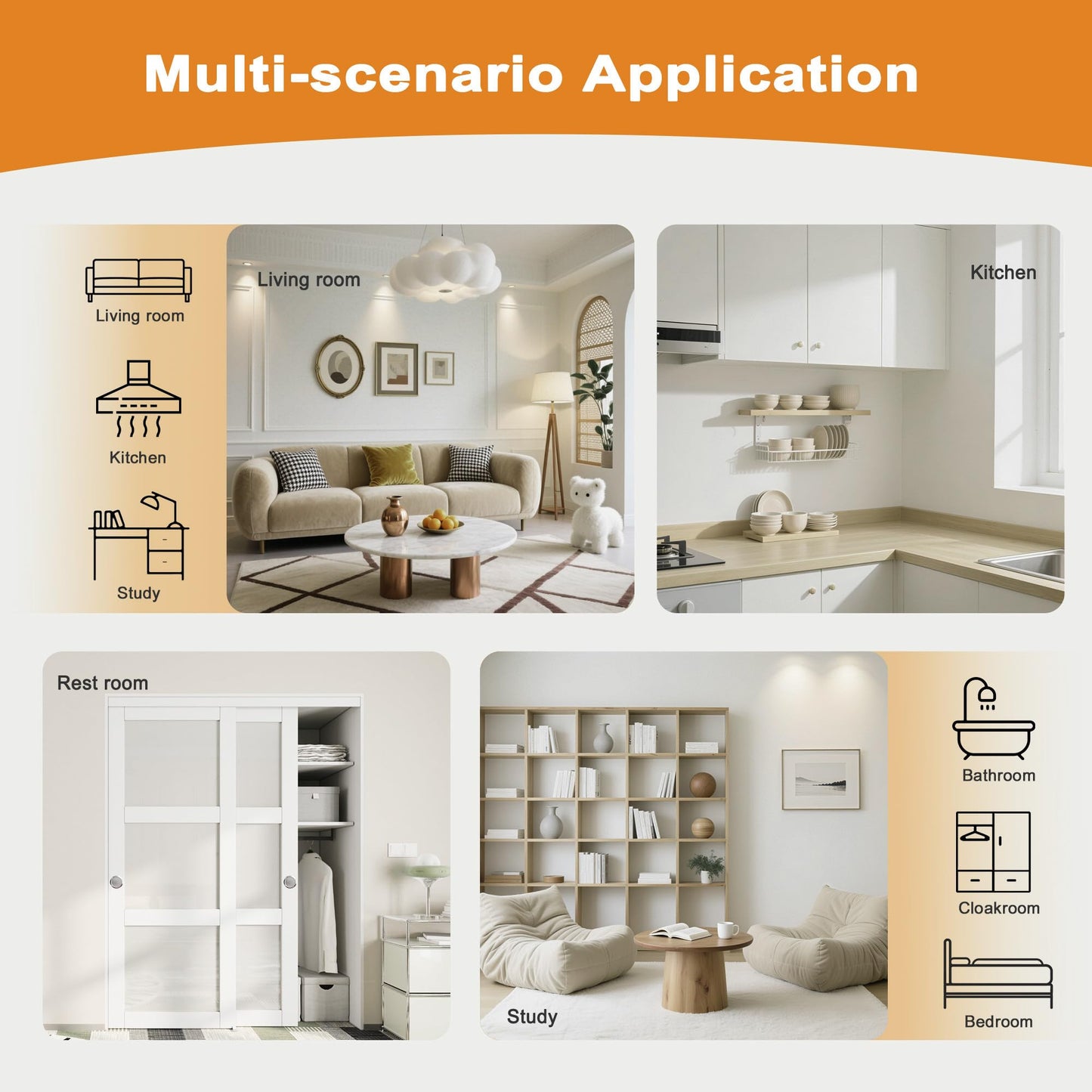 JUJUBON Closet Sliding Door, 60"ร80"(Double Doors 31"), 3 Panel Sliding Door with Hardware Kit, Pre-Drilled Doors Panel, MDF with Paintable Surface, Need to Assemble, White