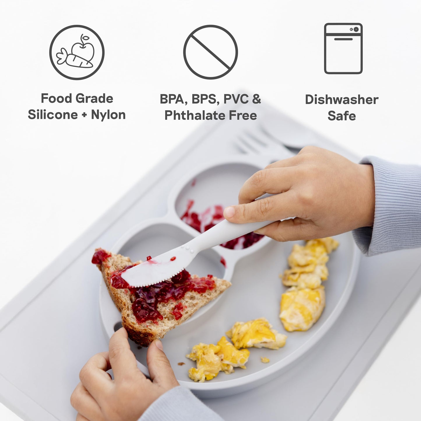 ezpz Happy Utensils (Sage) - 24 Months+ - BPA Free Toddler Utensils - Fork, Spoon and Knife for Toddlers and Preschoolers - Kids for Self-Feeding Development