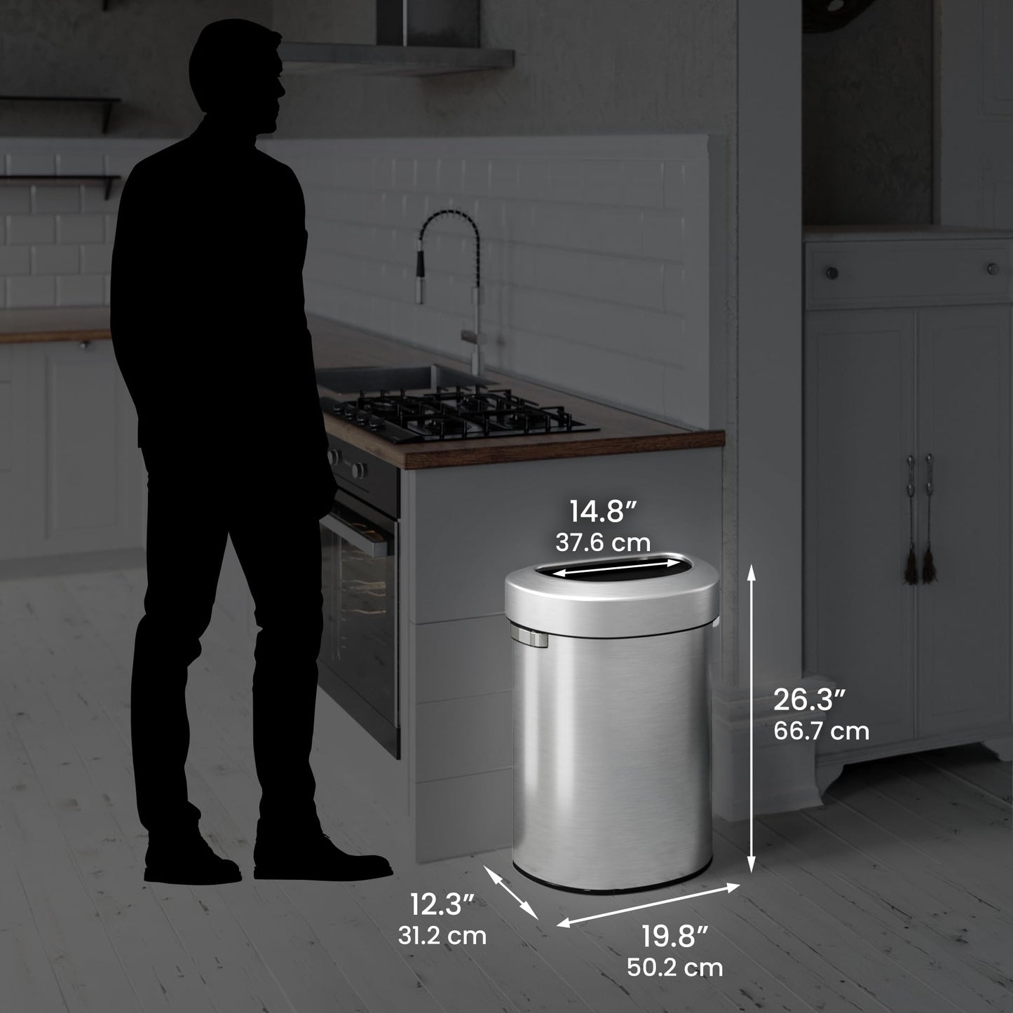 iTouchless 18 Gallon Semi-Round Stainless Steel Open Top Trash Can and Recycle Bin, 68 Liter, Slim and Space-Saving Design for Home, Office, Kitchen, Restaurant, Restroom, Large Capacity