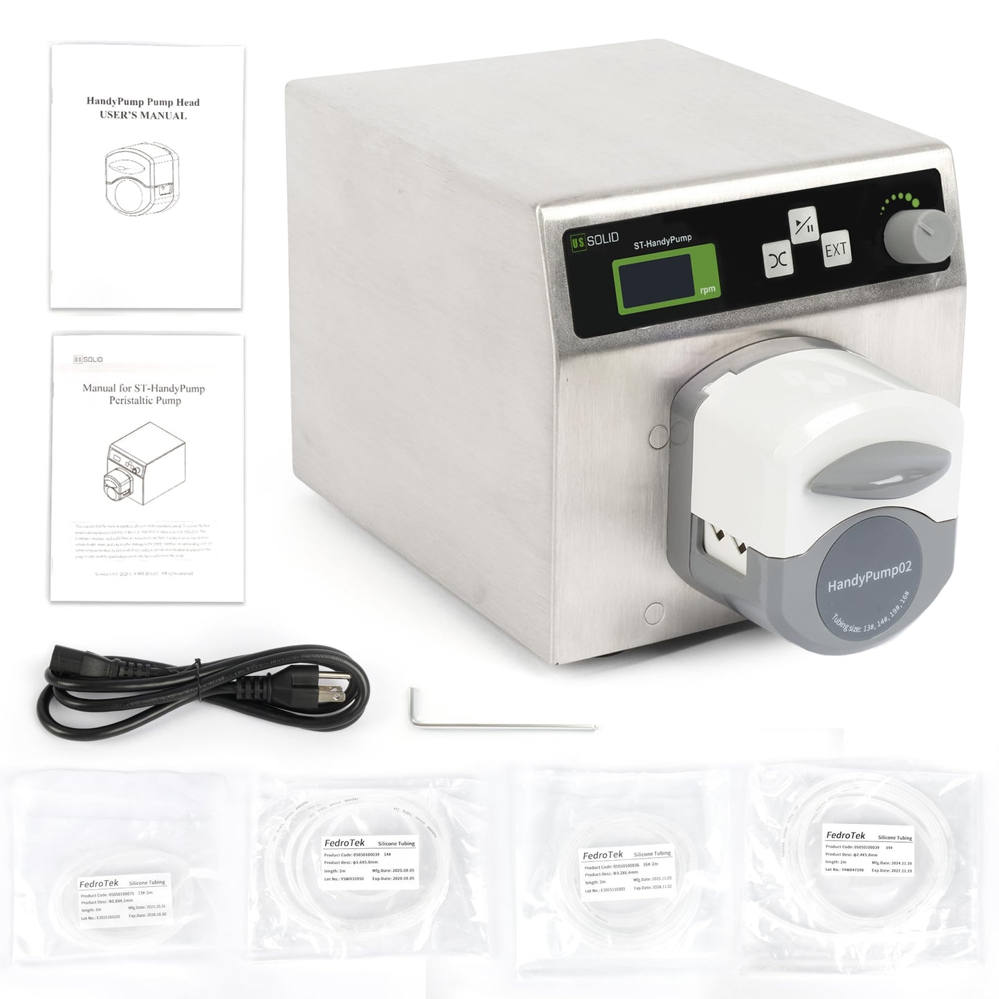 U.S. Solid Dual-Channel Variable-Speed Peristaltic Pump – 0.1-300 RPM (0.0033-190.76 mL/min) with 4 Tubing Sizes (13#,14#,19#,16#) Ideal for Lab, Industrial, and Medical Applications