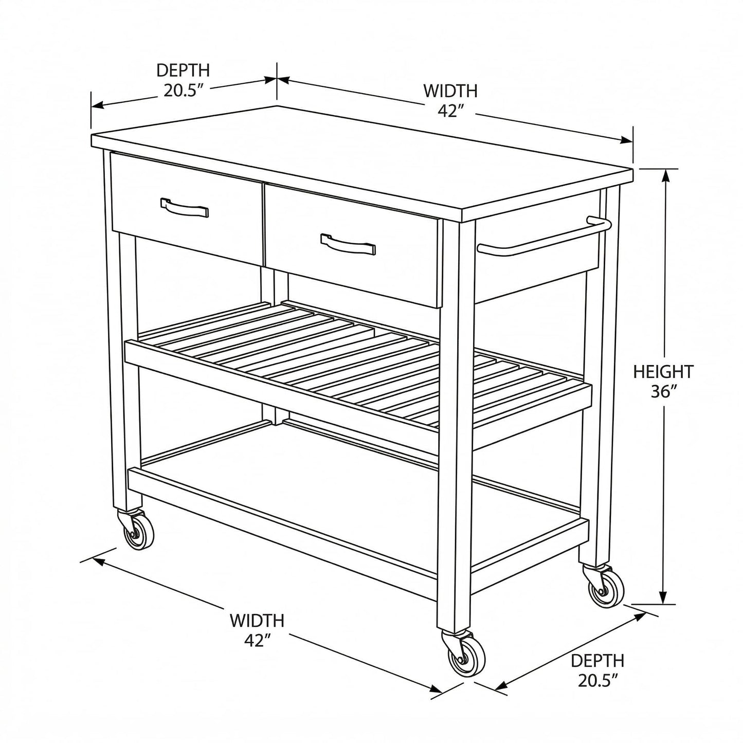 Casaphoria Amanda Collection Solid Wood Kitchen Island, 42" Butcher Block Cart with Stainless Steel Top & Locable Wheels, Prep Table for Small Spaces (Natural)