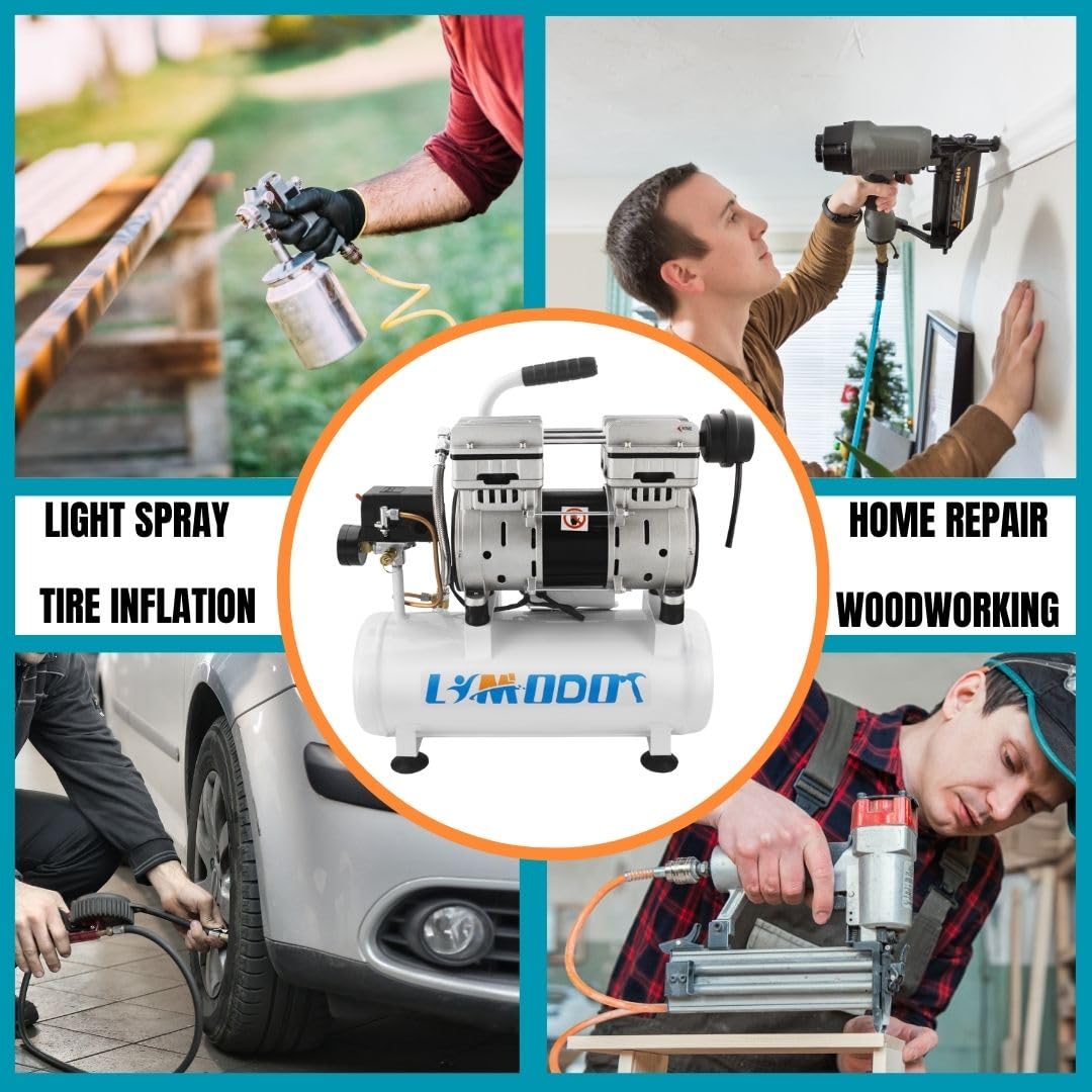 Air Compressor, Ultra Quiet, Only 60dB, 2 Gallon Steel Air Tank, Oil Free, 2.5 CFM at 90 PSI, Fast 14s Recovery Time, Ideal For Shop, Garage, Nail Gun, Pneumatic Tools, 1HP