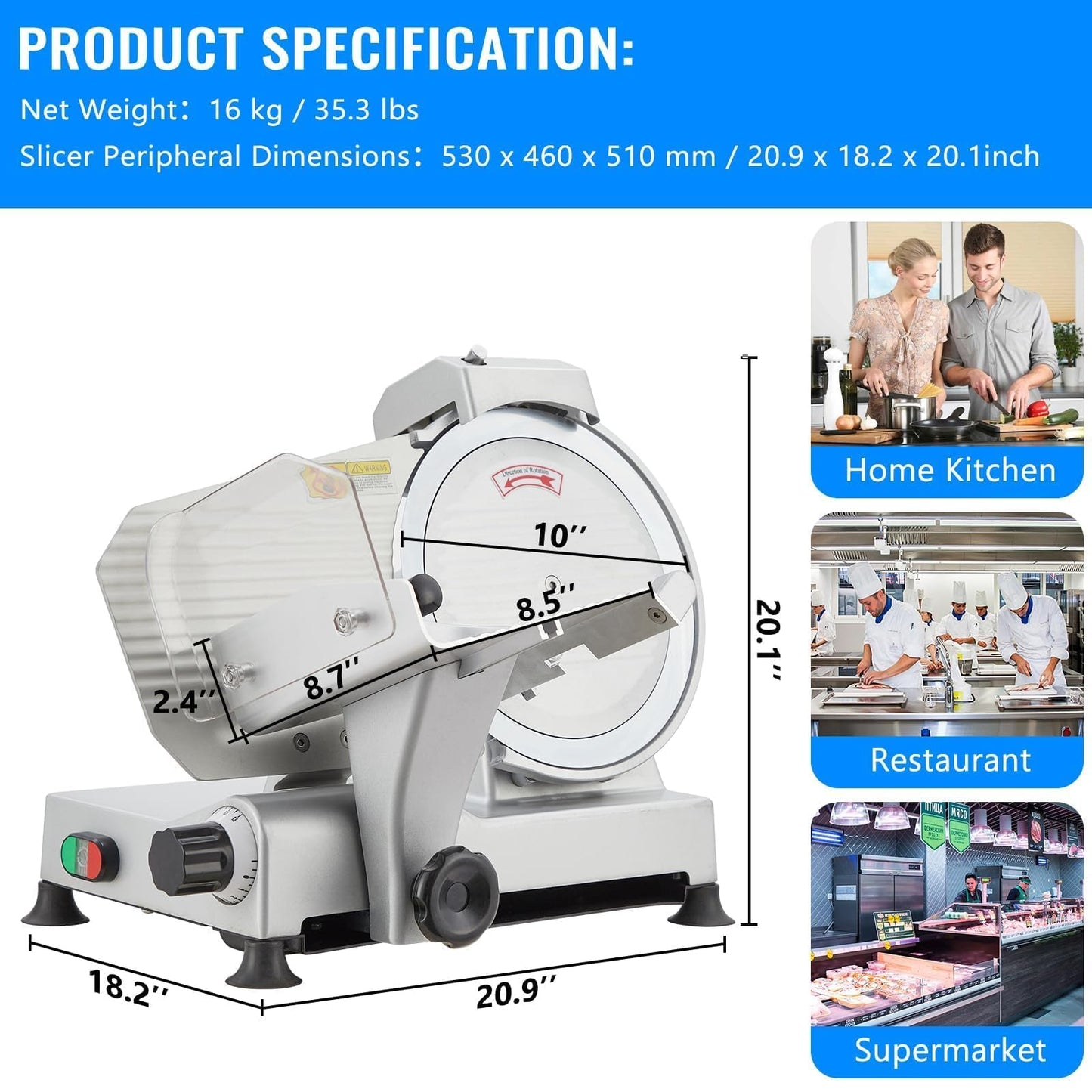 550W Dual Motor Meat Slicer Machine, 10" Alloy Steel Blade, Adjustable 0–14mm, Automatic Sharpener, Heavy Duty Deli Slicer for Home & Commercial Use