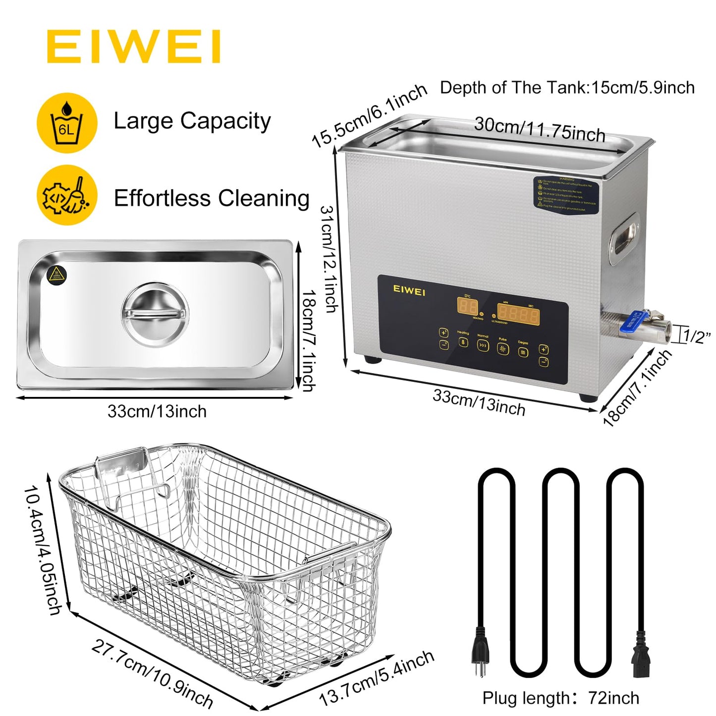 EIWEI 6L Ultrasonic Cleaner Dual-Frequency Professional Digital Stainless Steel Cleaning Machine with Heater Timer for Carburetor, Parts, Circuit Board, Glasses, Denture,Jewelry