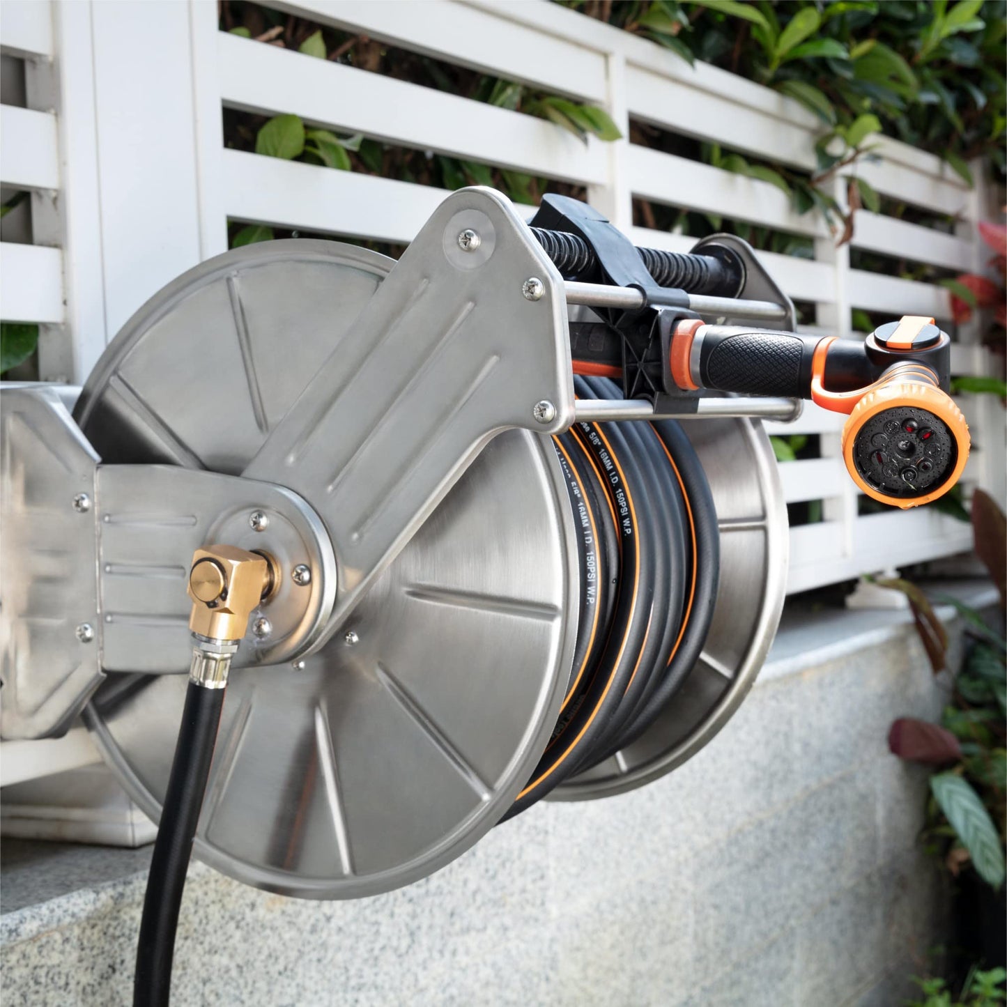 Giraffe Tools Stainless Steel Garden Hose Reel Heavy Duty, Wall/Floor Mounted Stainless Water Hose Reel Retractable with Crank, 150-Feet 5/8" Hose Capacity&100FT hose