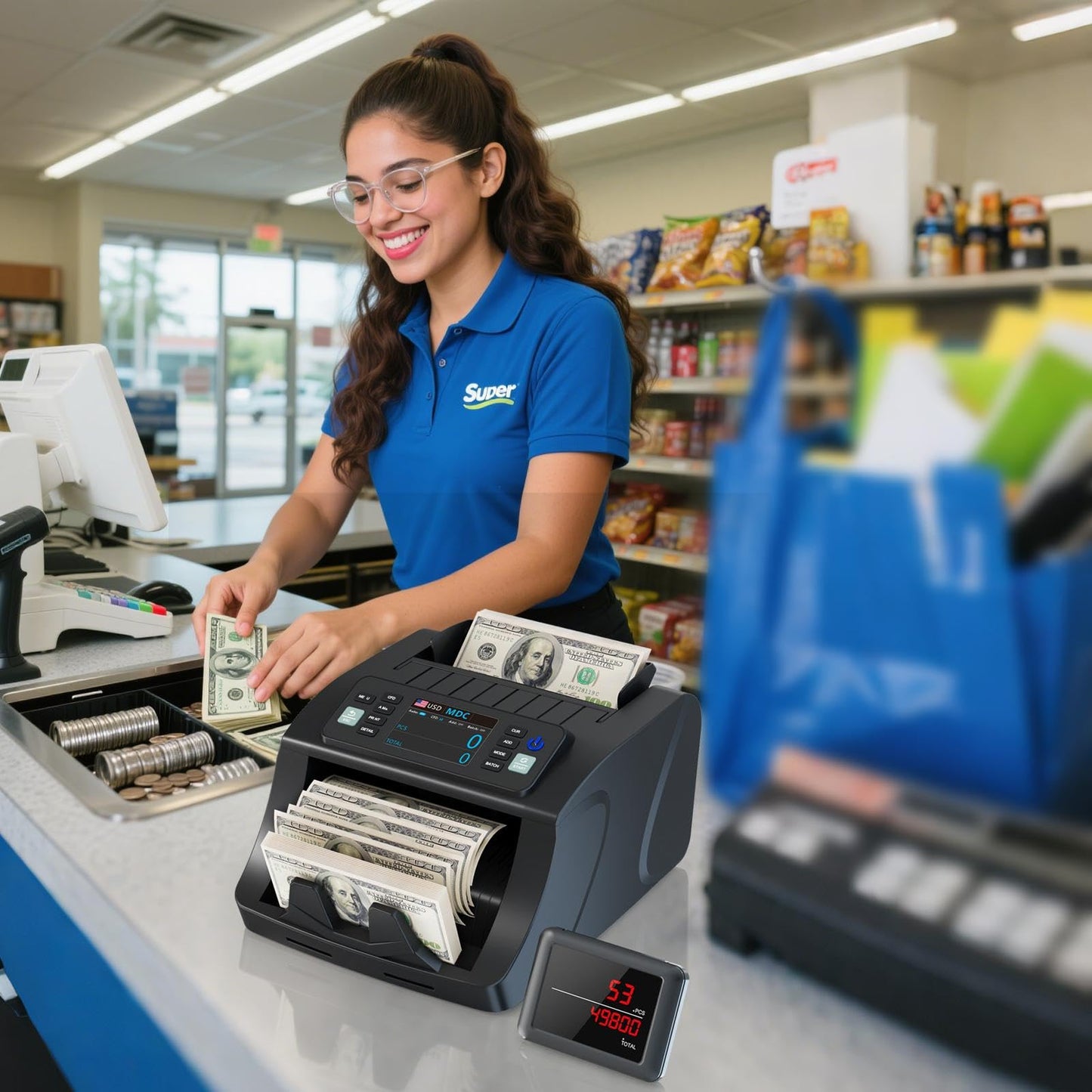 Money Counter Machine Mixed Denomination KzT0060 with Thermal Printer, Printer Integrates External Display and Bill Printing Through RJ-11 Plug Connection, Suitable for 58 mm Thermal Paper