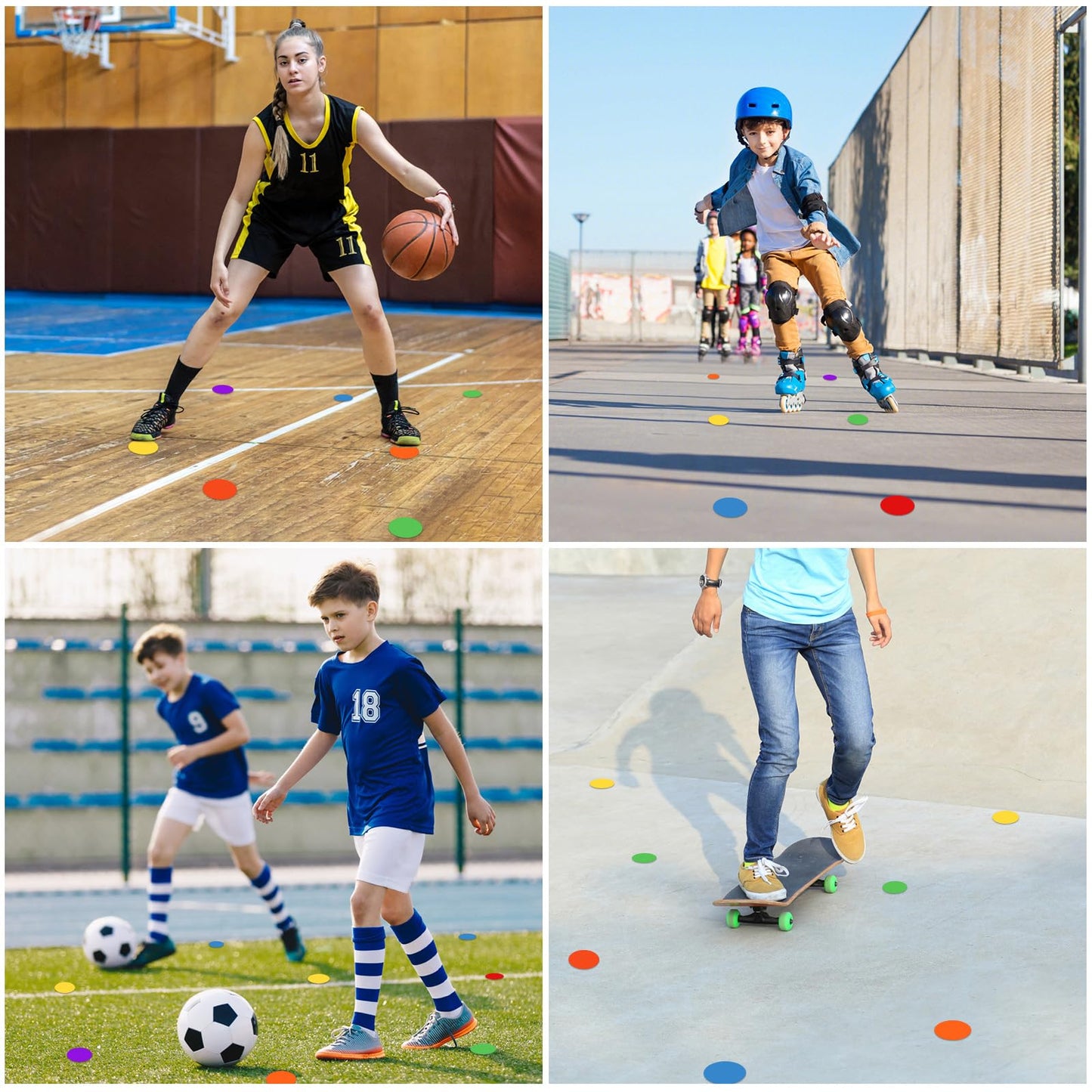 TuXHui Poly Spots 4 inch Flat Cones Spot Markers for Gym/PE Training, Dance, 24 Pcs Non-Slip Rubber Floor Dots Flat Disc Markers for Soccer Basketball Sports Agility Drills, Classroom Activities