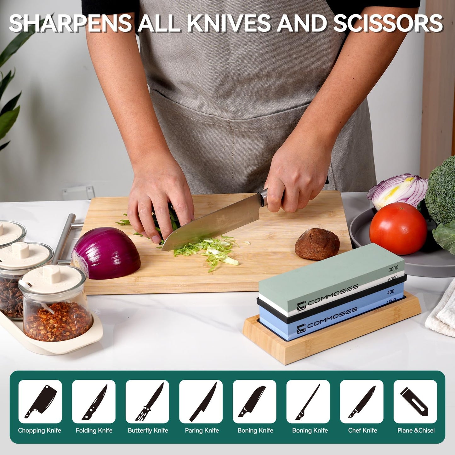 Whetstone Sharpening Stone Knife Sharpener Stone Set: 4 Side 8000|3000 1000|400 in Kitchen With Bamboo Base,Cut Resistant Gloves,Angle Guide,Honing Guide,Flattening Stone,Leather Strop,Rubber pad