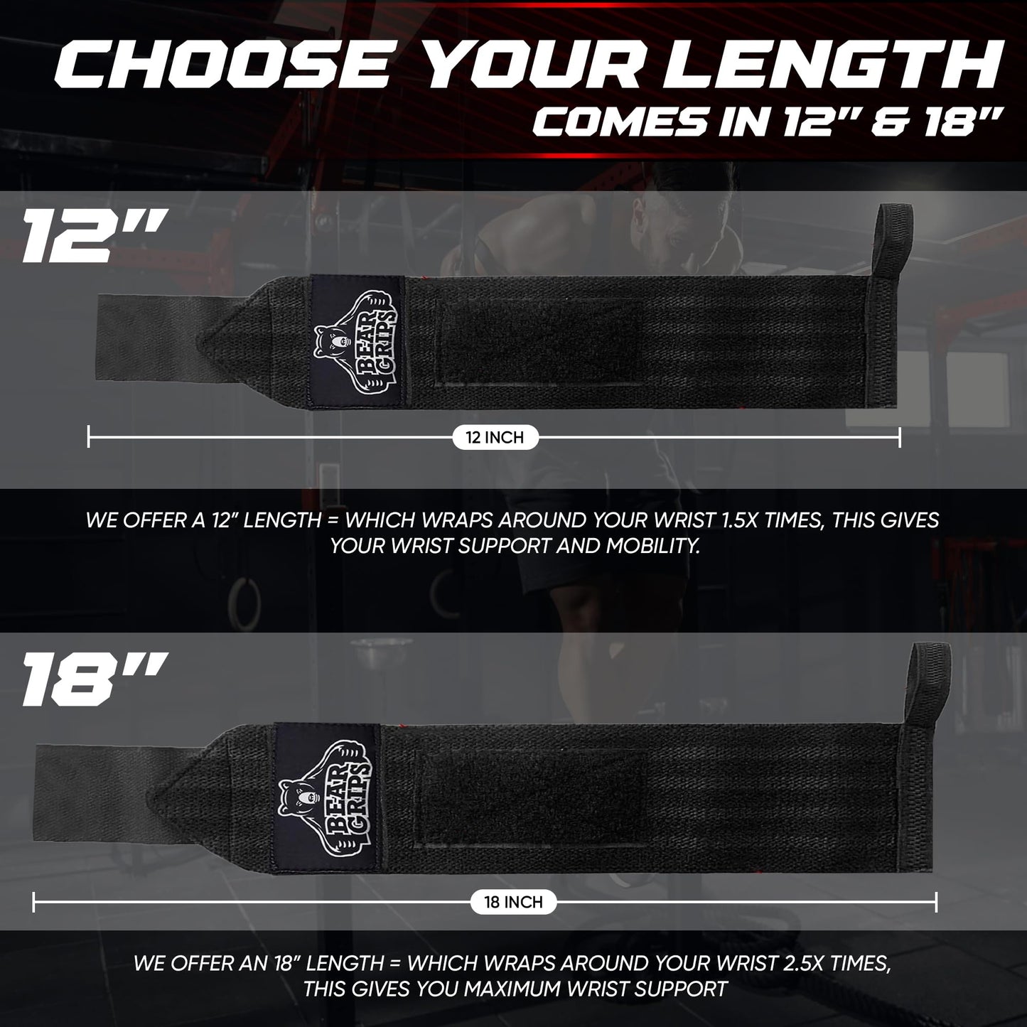 Bear Grips Wrist Wraps for Weightlifting | Weight Lifting Wrist Straps for Weightlifting | Extra Strength Gym Wrist Wraps | Two Wrist Wrap Per Pack | 12β & 18β | Lifting for Men & Women