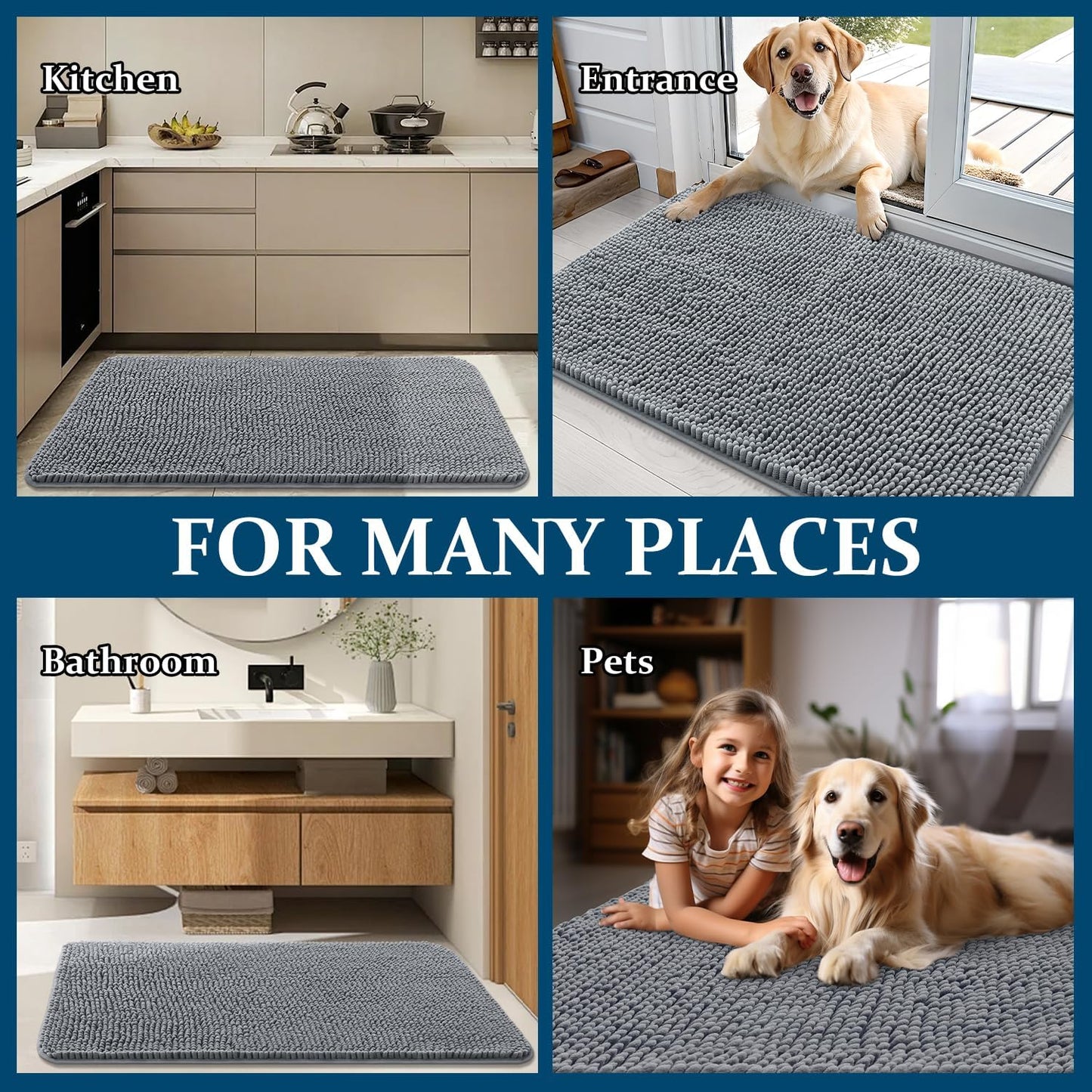 OLANLY Dog Door Mat - Absorbent Non-Slip Chenille Mat for Muddy Paws | 47x17 Inches, Grey