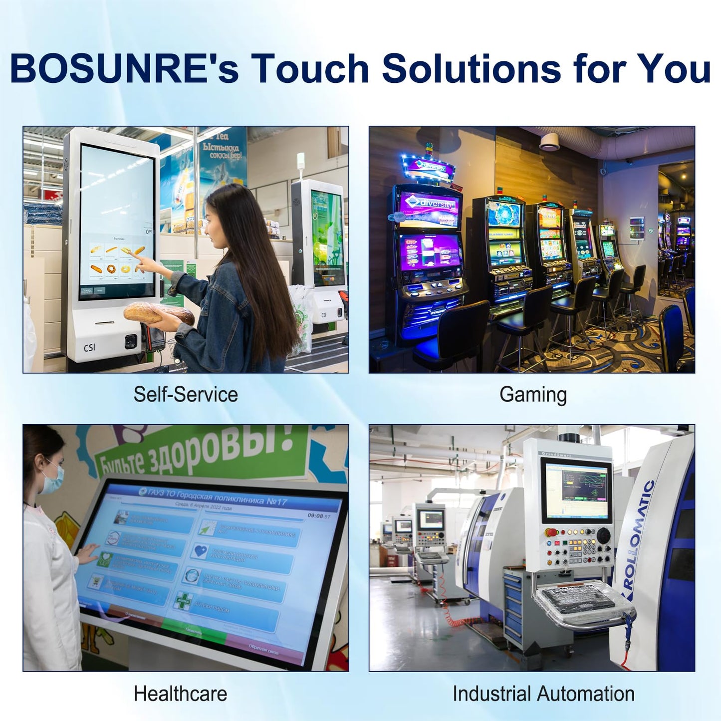 Bosunre 7 Inch Open Frame Touch Screen Monitor, 10-Point Capacitive Touch Display, 1024x600 Resolution, IP65 Industrial Monitor, Black Metal Housing, Open Bracket Mount for HMI Control Panels