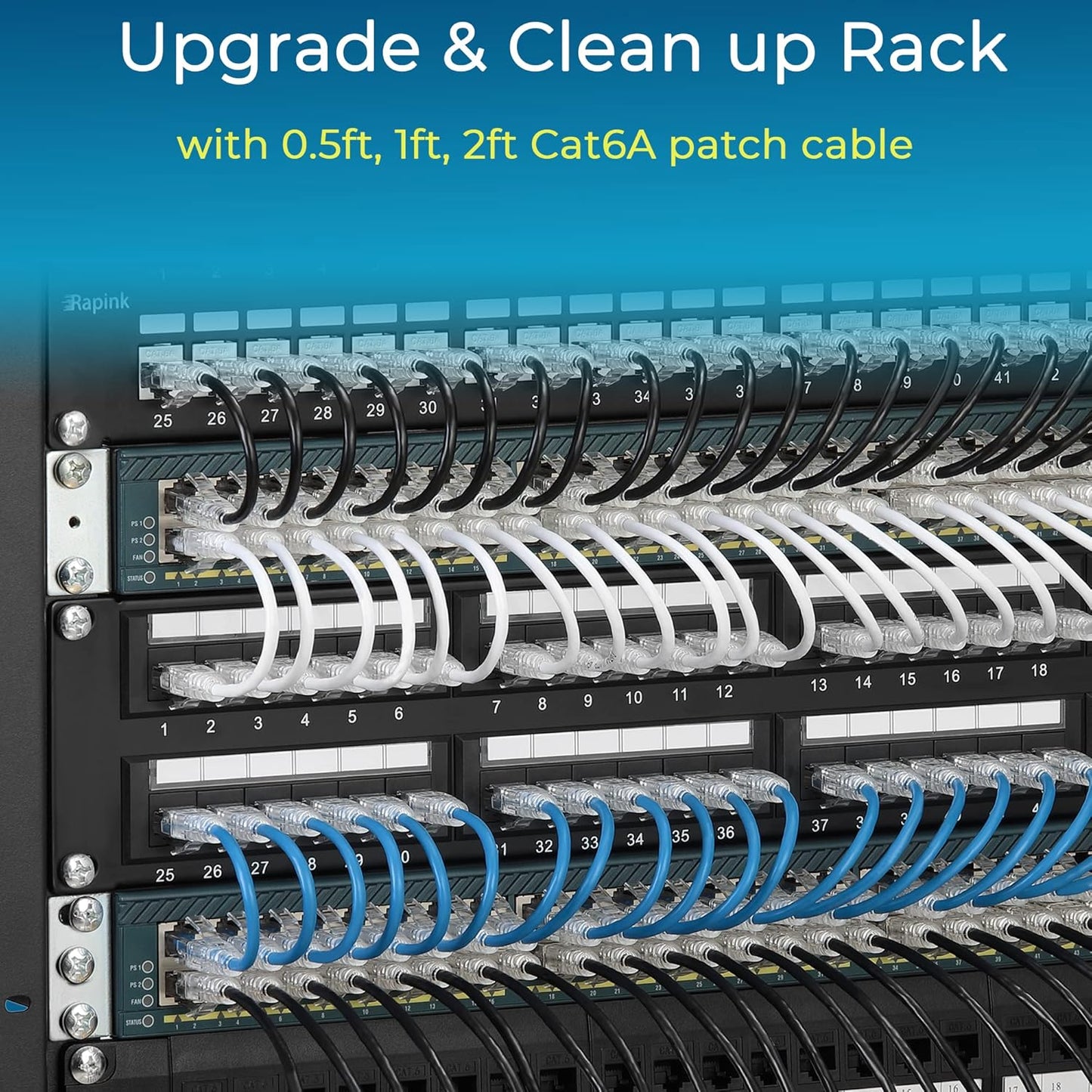 Rapink Cat6/ Cat6a 1ft (24 Pack) Cat6a 10G 6 Cat6 Patch Cables Slim, Ethernet Patch Cable Support, Snagless Cat Patch
