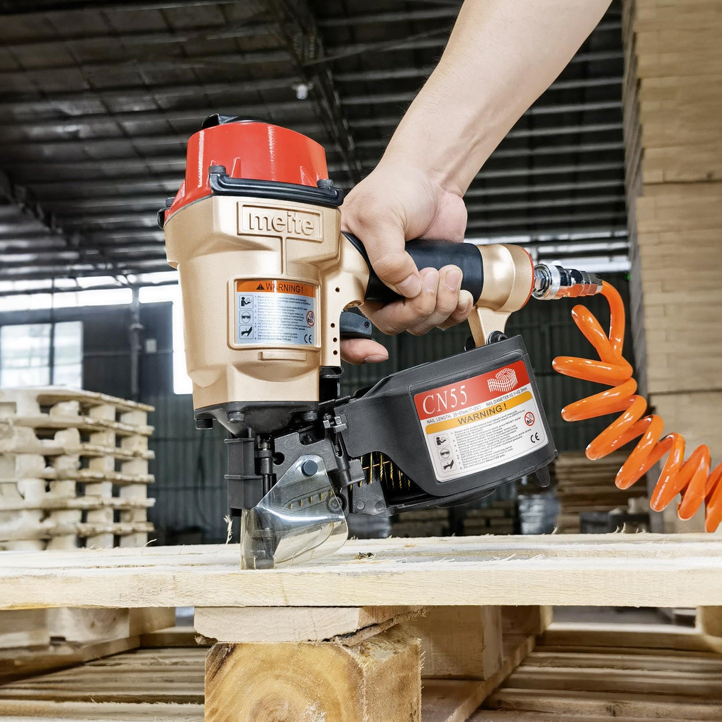 meite CN55 Pneumatic Coil Nailer with 15 Degree Siding Nails 2" × .099'' - Air Coil Nail Gun with 400PCS Magazine, 360° Adjustable Exhaust for Framing Sheathing Pallets Hardwood Projects