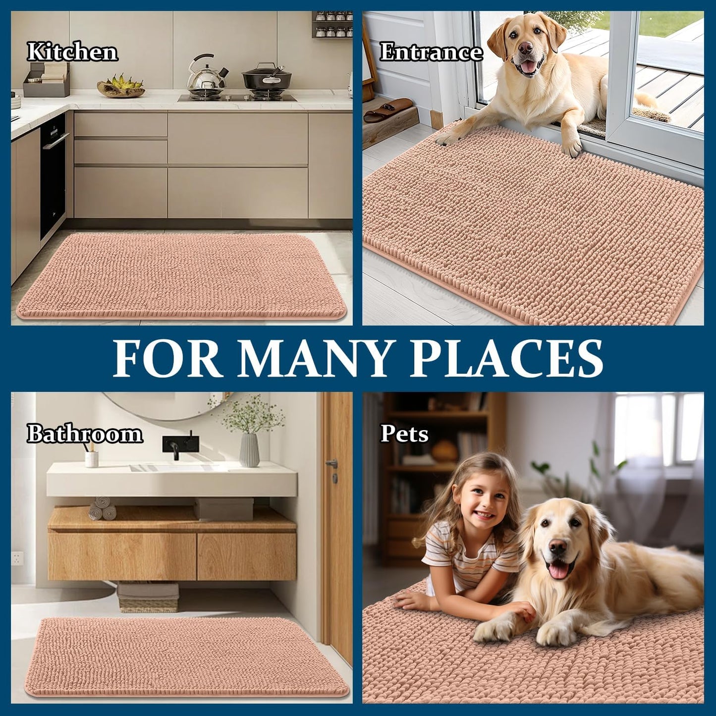 OLANLY Dog Door Mat - Absorbent Non-Slip Chenille for Muddy Paws | Quick Dry 59x32 Peach Indoor Carpet