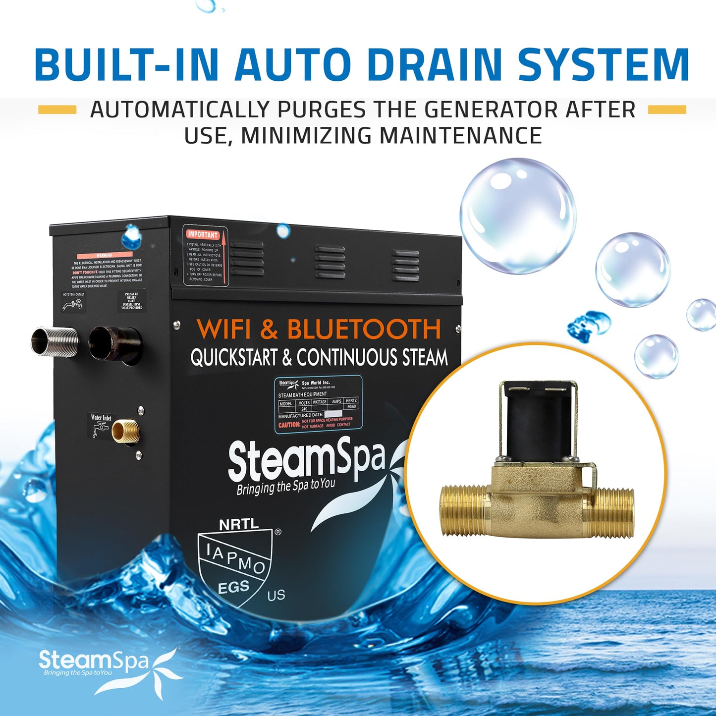SteamSpa Steam System 9kW Steam Shower Generator with Bluetooth Wifi, Quickstart Continous Steam, Advanced Touch Pad Screen, Chroma Lights, Drain Pan and Auto Drain Chrome RVBS900CH-A