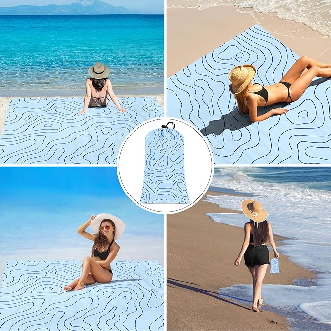 Beach Blanket Waterproof Sandproof, 78''×86'' Large Sand Free Picnic Blanket for 1-4 Adults, Big Foldable Blue Beach Travel Mat with 4 Stakes & Corner Pockets for Outdoor, Grass, Park, Patio