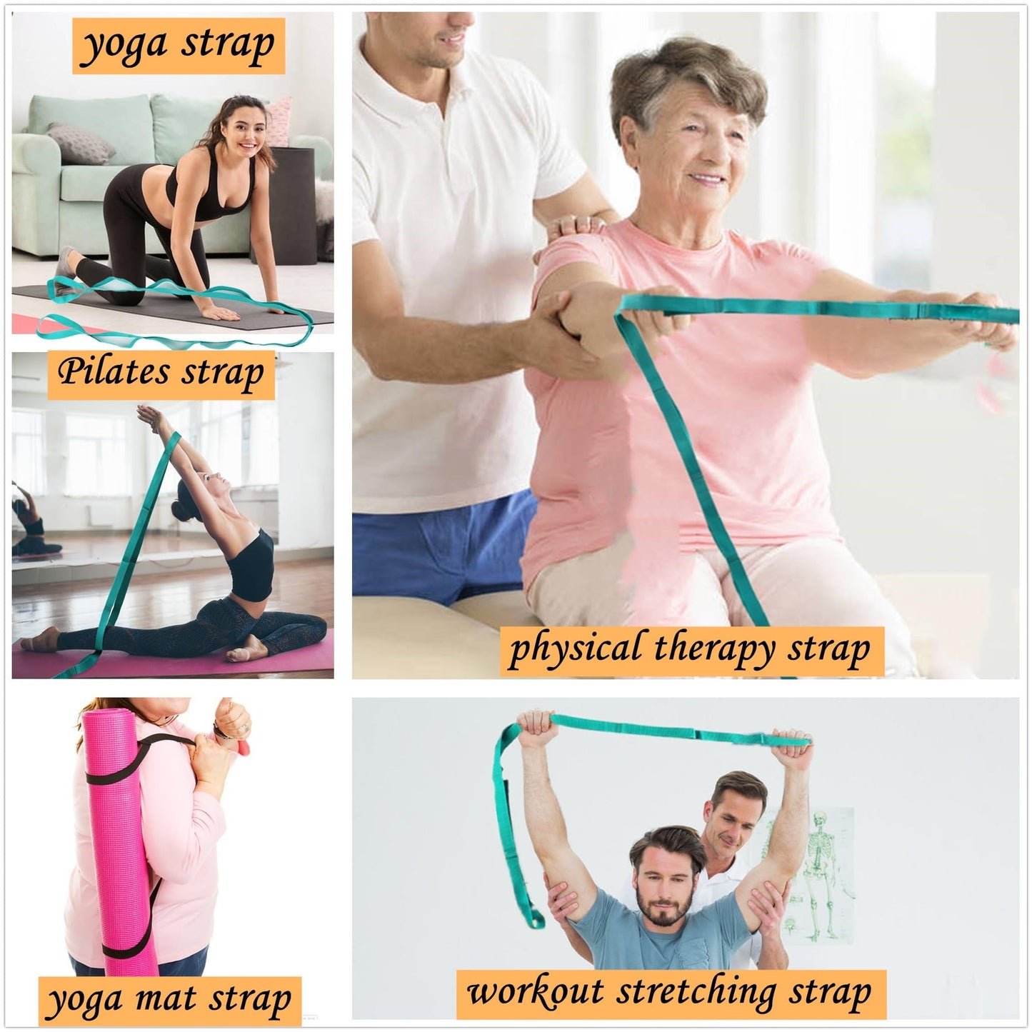 Scotamalone Stretching Strap Yoga Strap Physical Therapy for Home Workout, Exercise, Pilates and Gymnastics with Exercise Book 10 Loops Non-Elastic Stretch Bands with Aesthetic Packaging for Women & Men