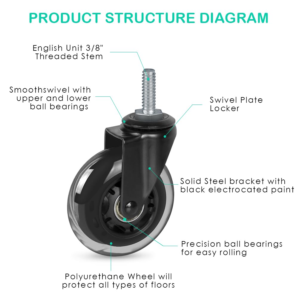8T8 3" Rubber Caster Wheels Heavy Duty with 3/8"-16 x 1-1/2" Threaded Stem Casters Set of 4 (Screw Diameter 3/8", Length 1.5"), Quiet and Smooth Rolling Castors for Furniture Hardwood Floors