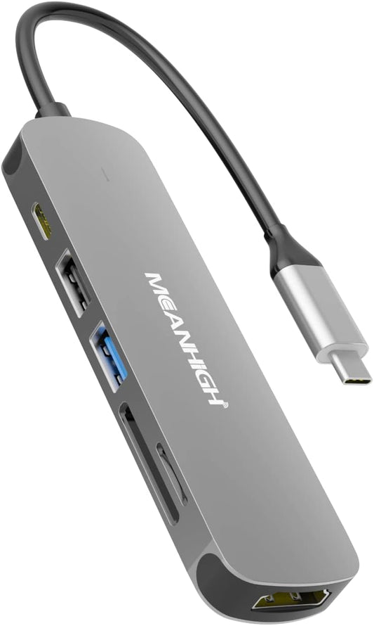 MEANHIGH 6-in-1 4K 30Hz 100W USB C Hub Type C to HDMI Splitter with Multiport Dongle PD Charging Docking Station SD/TF