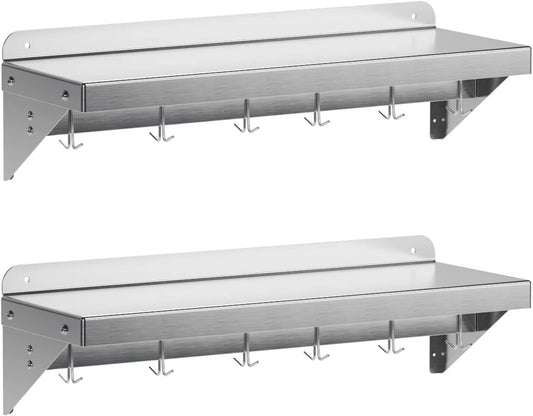 DEXSO 2 Pack Stainless Steel Wall Mount Shelves 12" x 36" NSF Certified with 6 Hooks - Versatile Metal Storage Racks with Backsplash for Organizing Cookware in Home and Kitchen
