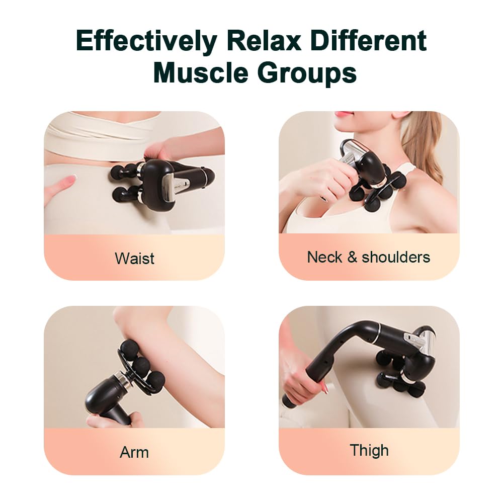 IeBilif Massage Gun with Extension Handle, Handheld Foot Back Neck Shoulder Massager with 6 Adjustable Speeds & Modes and 5 Replaceable Heads for Gym & Home Use, Birthday Gifts for Men