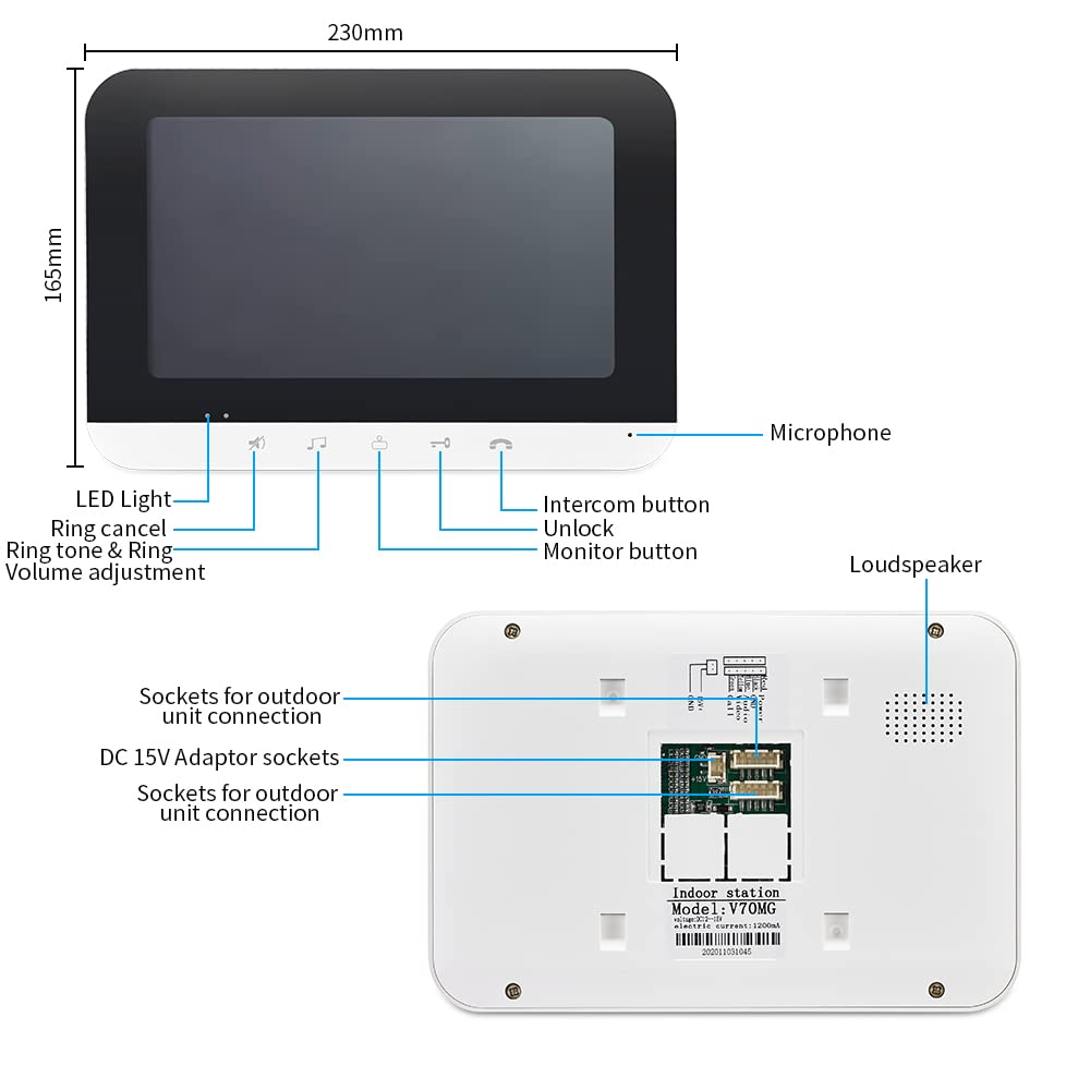 Video Intercom System, 7 Inch doorbell with Camera and Monitor, Video doorbell with IR-Cut Rainproof Outdoor Camera Visual Two-Way Intercom Audio Remote Unlock(1 Camera & 2 Monitors)