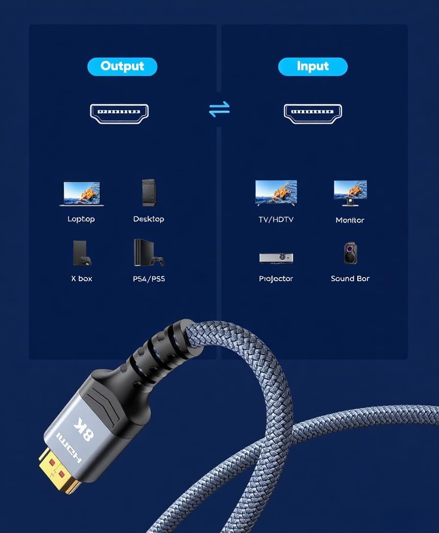 Generic 8K 3.3 FT/1M (48Gbps), 8K@60Hz, 4K@120Hz, PS5, Kirei V Wire HDMI Cable Ultra High Speed Nylon Braided Cable