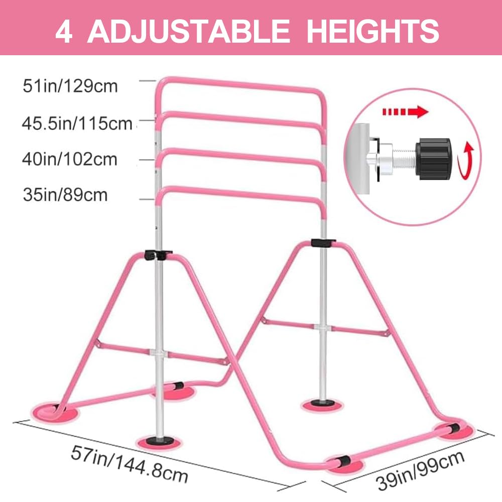 Jivifao Gymnastics Bar with Self-Inflating Mat for Kids, Adjustable Height Gymnastic Horizontal Bars with Mat, Folding Gymnastic Training Monkey Bars, Junior Expandable Training Kip Bar for Home