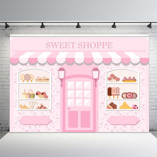 MEHOFOND 7x5ft Pink Sweet Shoppe Backdrop Dessert Parlor for Girls Birthday Photography Background Kids Party Banner