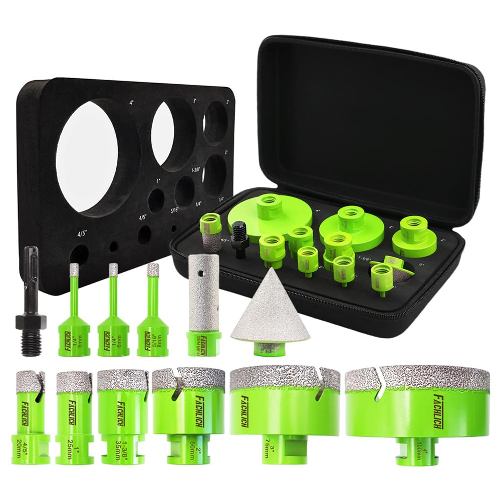 Mini 3 inch Diamond Blades - FACHLICH Cutting Disc and FACHLICH Tile Hole Saw Kit - 12pcs Diamond Core Drill Bits Set 1/4" 5/16" 4/5" 1" 1-3/8" 2" 3" 4" with 4/5" Finger Bit 2" Beveling Chamfer Bit