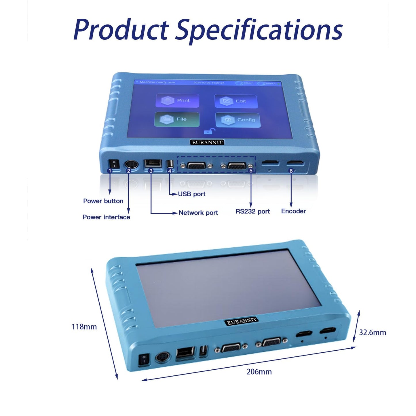 Eurannit Automatic Inkjet Coding Machine for Production Line, Thermal Inkjet Printer 260E with 7”Touchable Screen for Date/Batch/QRCode/Barcode/Logo etc (2 Nozzle Separate/ 1 in)