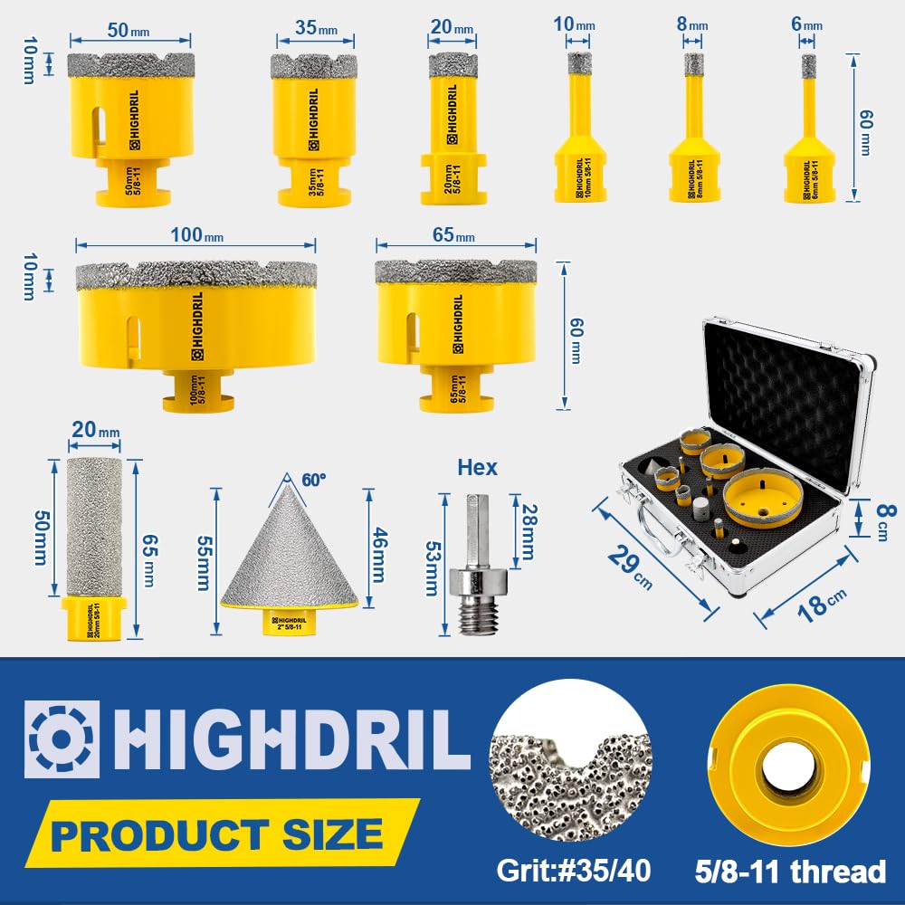 HIGHDRIL Diamond Drill Bits Kit with 5/8-11 and HIGHDRIL Diamond Saw Blade - 5 Inch Diamond Tile Blade Disc
