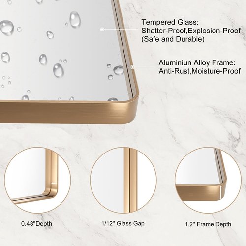 LOAAO Gold Bathroom Mirror - 40”X36” Rounded Rectangle Design | Anti-Rust Tempered Glass, Wall-Mounted