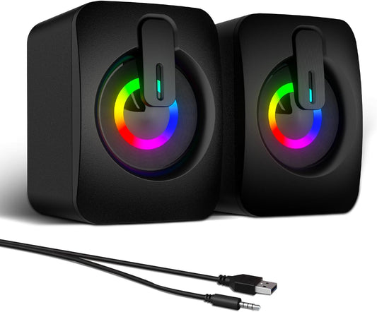 MELOGAGA 7-Color 3.5mm RGB Computer Speakers, USB-Powered PC Speakers with LED Backlight, Aux Compact Soundbar