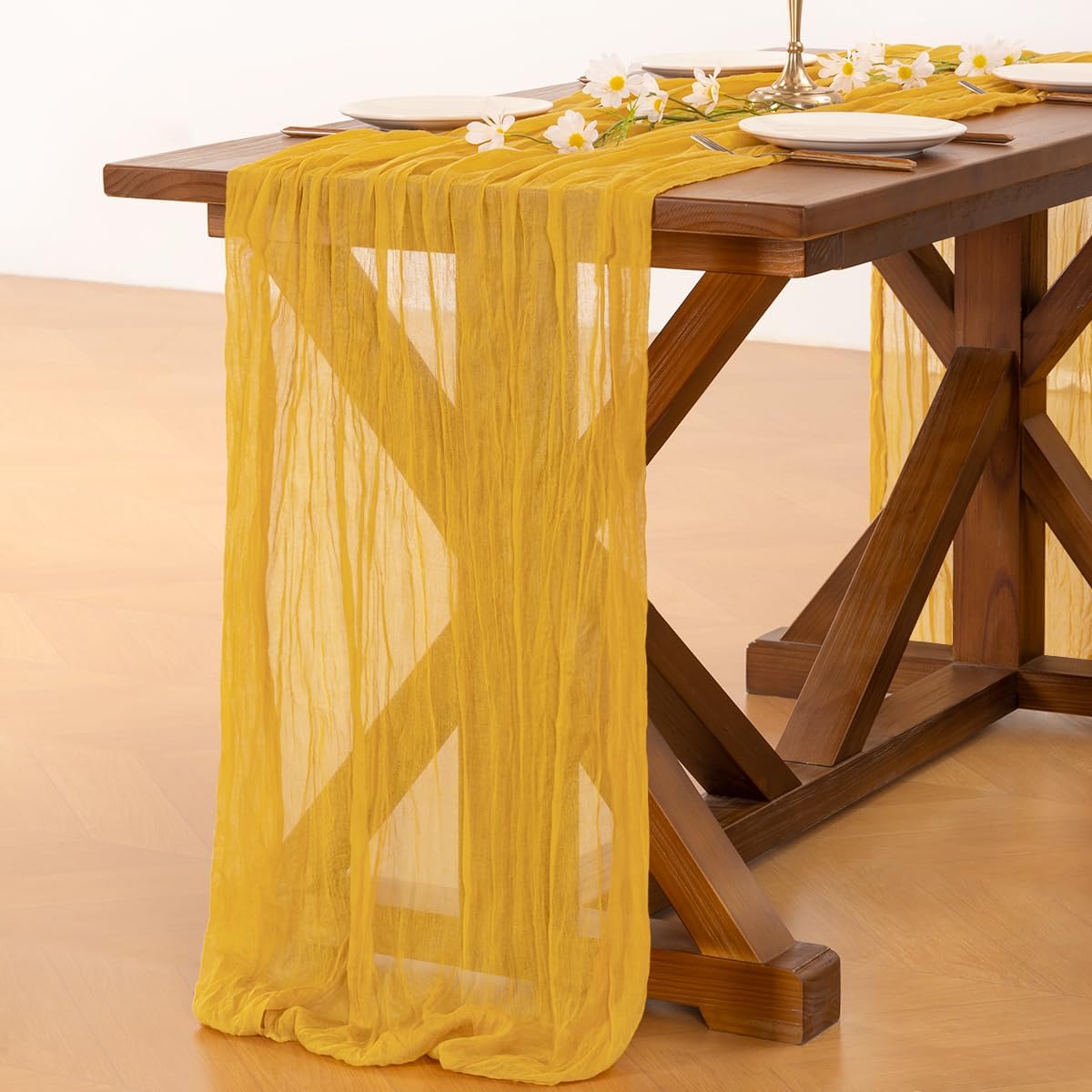 Socomi Cheesecloth Table Runner - 3pcs Gold Yellow Boho Rustic 120 Inch for Weddings & Parties