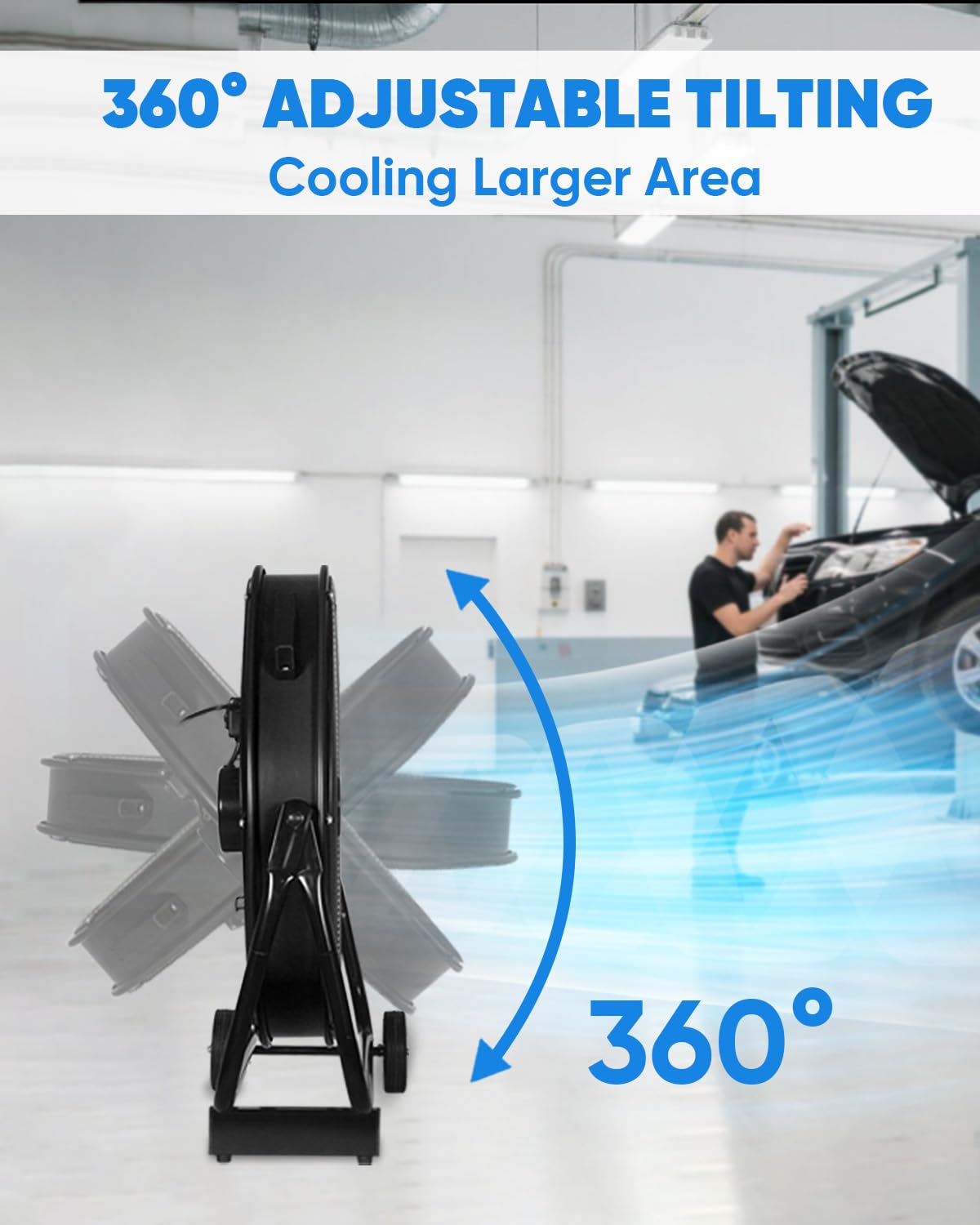 KEN BROWN 24 Inch Industrial Drum Fan, High Velocity Floor Shop Fan, Heavy Duty, 9500 CFM, 8 Blades, 3 Speeds, 360 Degree Tilt, Ideal for Industrial, Commercial, Gym, Garage Use, Black