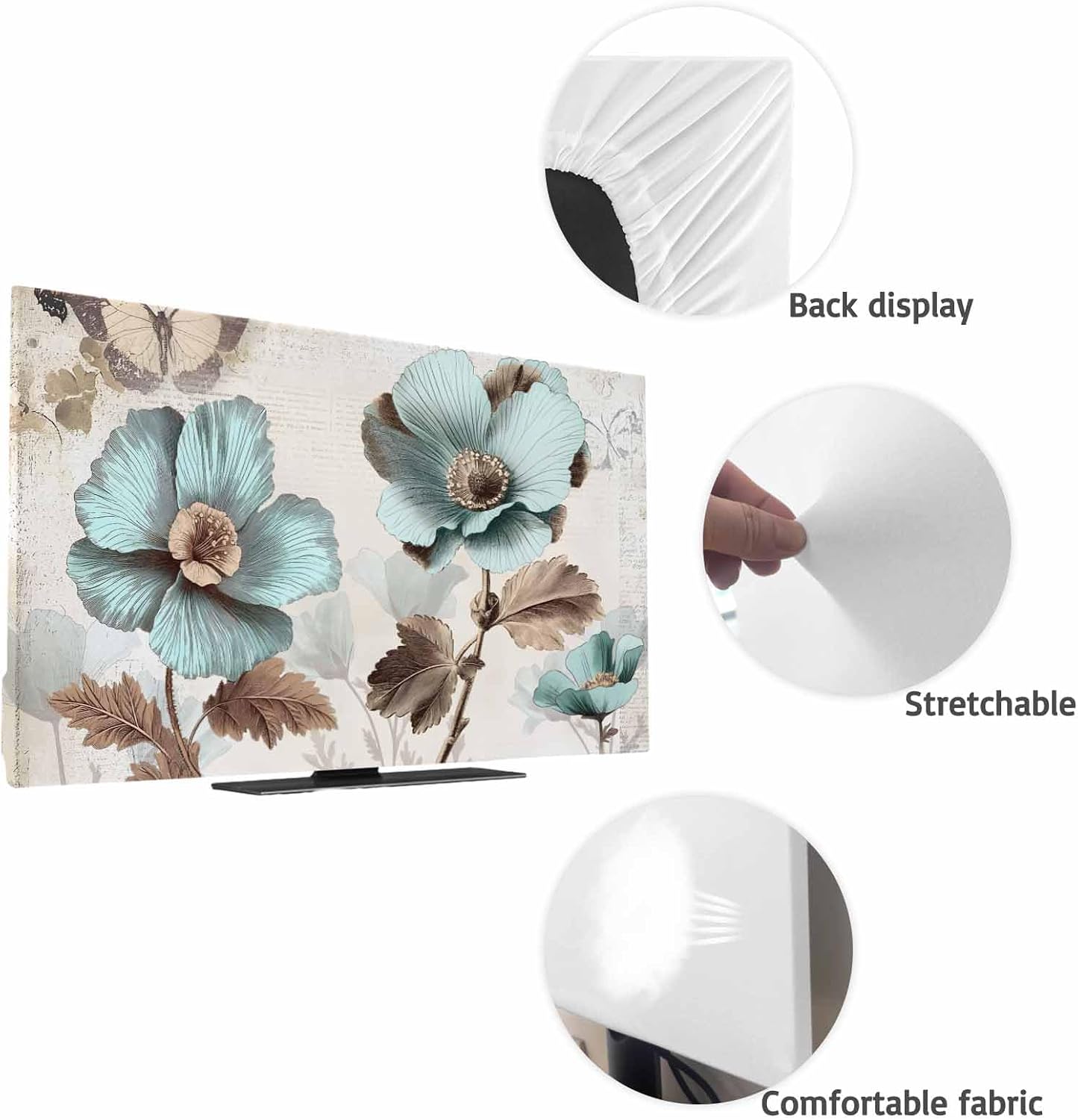 Yukro 85 Inch, 74"x42" Victorian Style Broccoli Butterfly Indoor TV Dust Cover, Blue Flowers Plant Elastic TV Dustproof