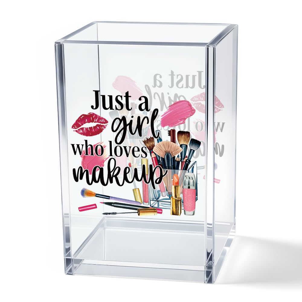 Vgrti Just A Girl Who Loves Makeup Acrylic Makeup Brush Organizer Holder, Girls Desk Acrylic Brushes Storage, Christmas Birthday Gifts for Daughter Niece Sister BFF Make Up Artist Makeup Lover