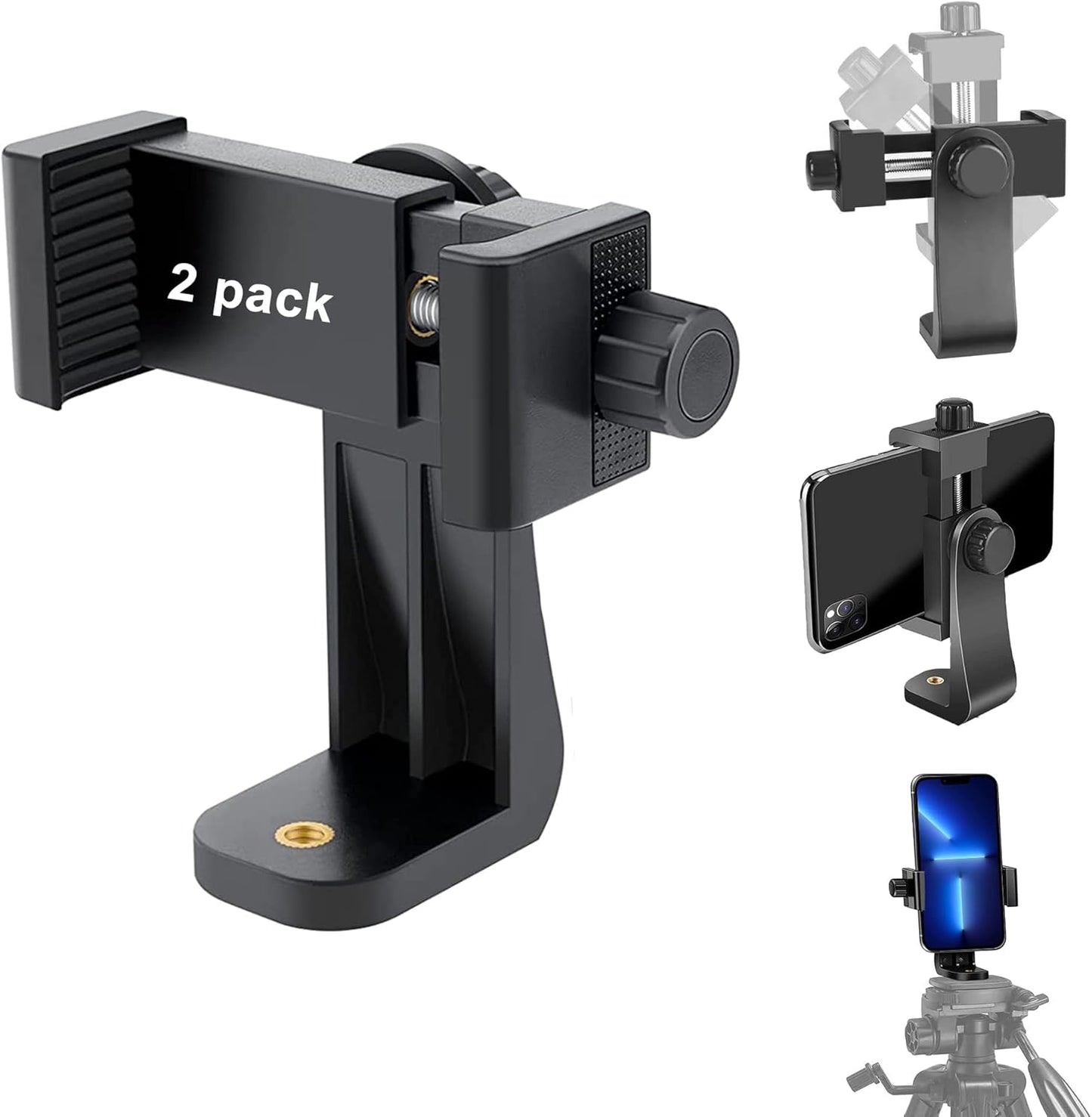 EszkozTA 360 1/4" (Black-2 Pack) Cell Phone Tripod Mount Adapter, Universal Phone Holder Adjustable Clamp, Degree