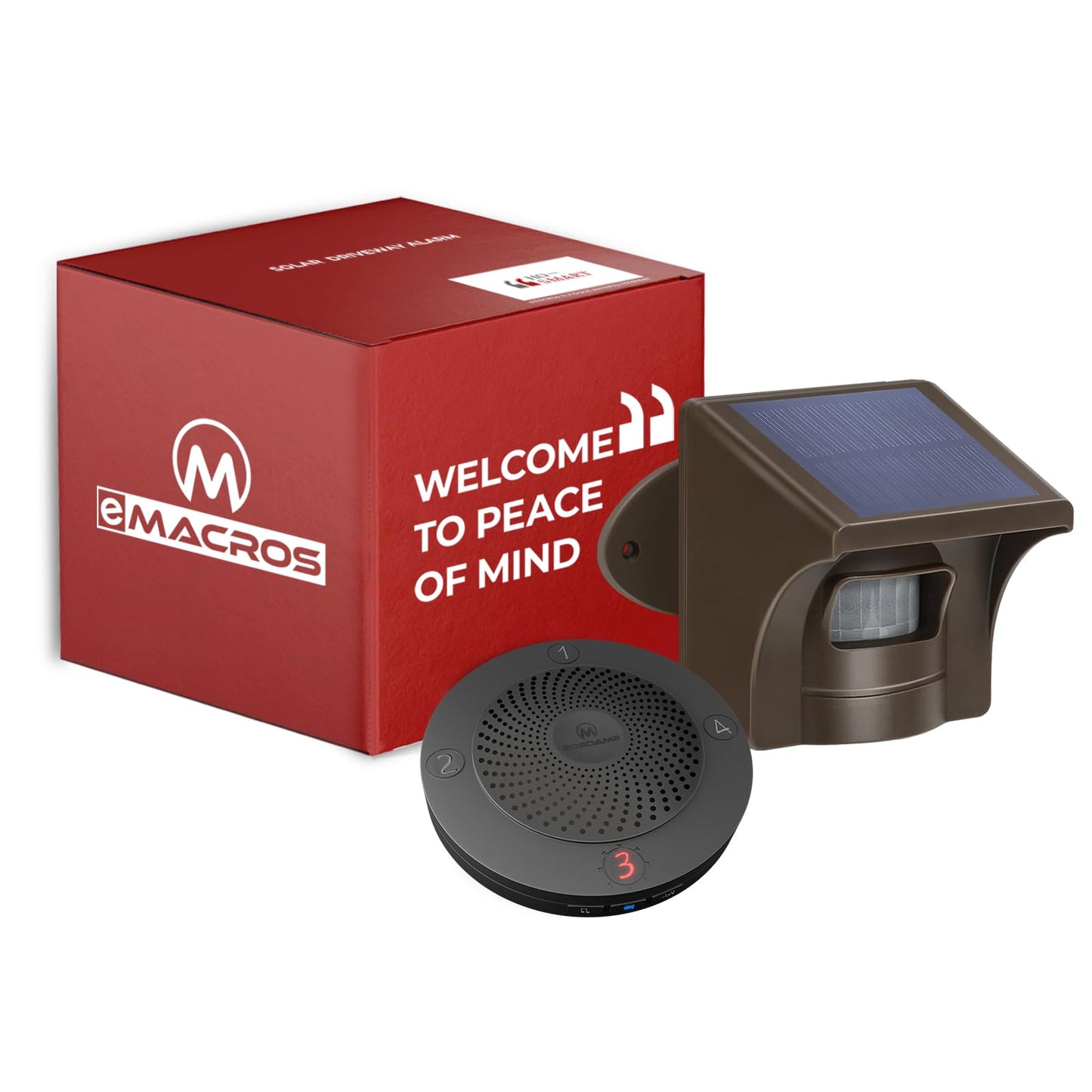 eMACROS Non-APP Wireless Driveway Alarm — 1/2 Mile Solar Motion Sensor with Plug-in Receiver for Driveways, Homes, Large Properties, Weatherproof Outdoor Security System